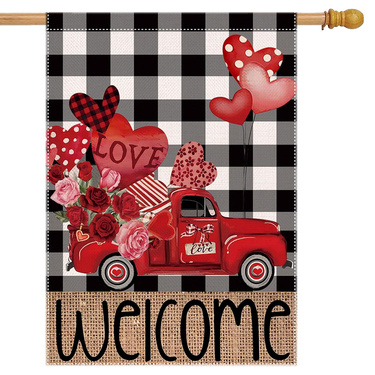 Valentines Day Flags for Outdoors 28 X 40 Double Sided - Large Happy Valentine's Day House Flags Burlap Farmhouse Rustic Welcome Decorative Holiday Flags for Porch Decor Outside Decoration Love Truck