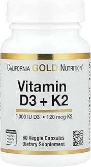 California Gold Nutrition Vitamin D3 + K2 as MK-7, 60 Veggie Capsules