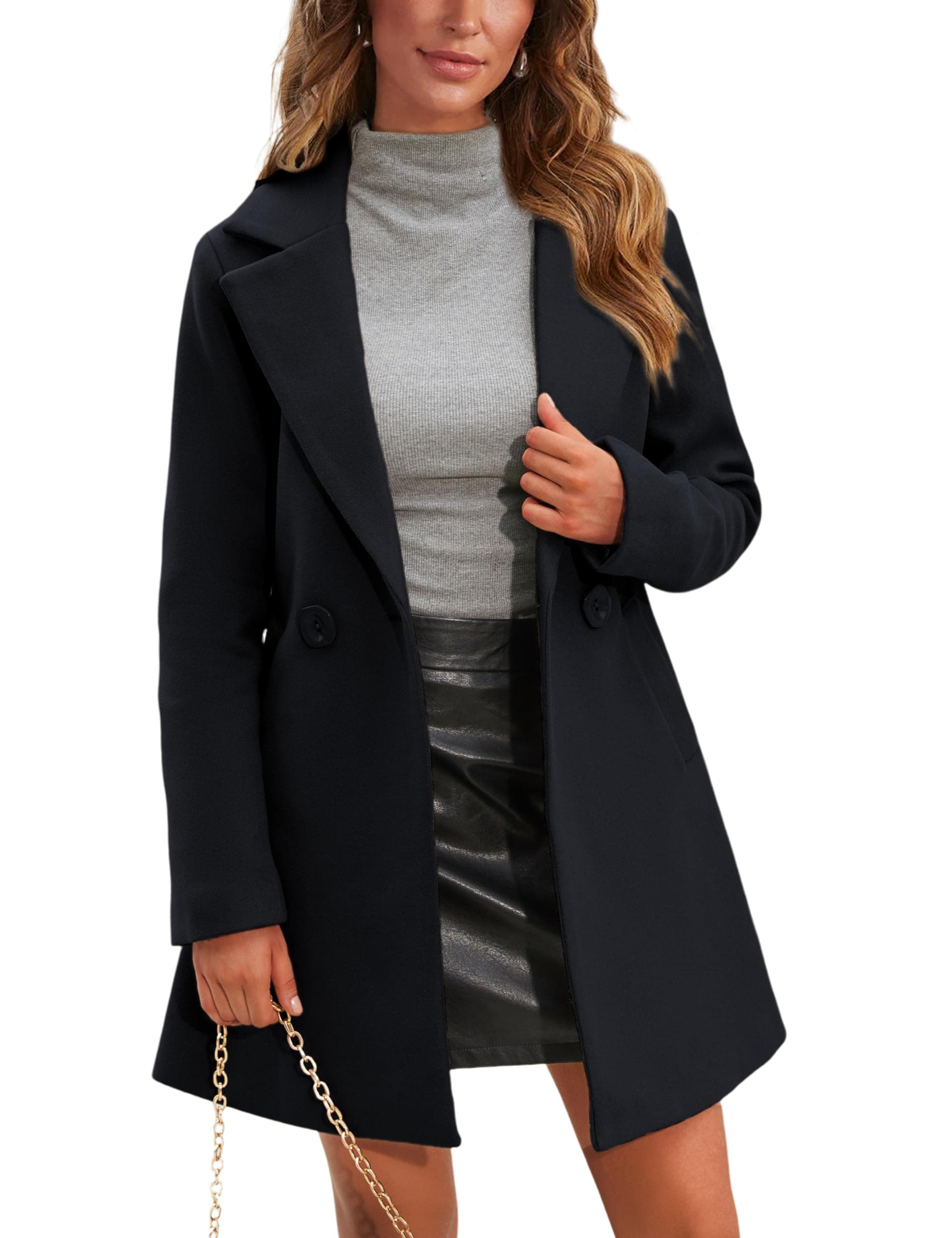 SpringrainWomen's Notched Lapel Collar Double Breasted Pea Midi Long Coat
