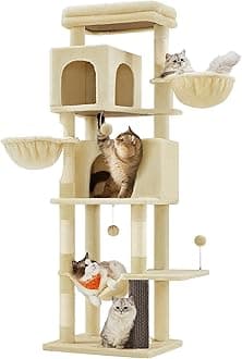 Cat Tree, 69-Inch Tall Cat Tower, Multi-Level Plush Condo with 2 Caves, 2 Baskets, 5 Scratching Posts, Self-Groomer, Perch, Hammock, Sand Beige UPCT182Y01