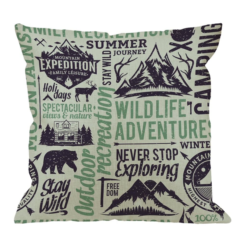 HGOD DESIGNS Camping Pillow Covers,Decorative Throw Pillow Retro Styled Mountain with Animal and Quotes Outdoor Adventures Pillow Cases Cotton Linen Cushion Covers for Home Sofa Couch 18x18 inch