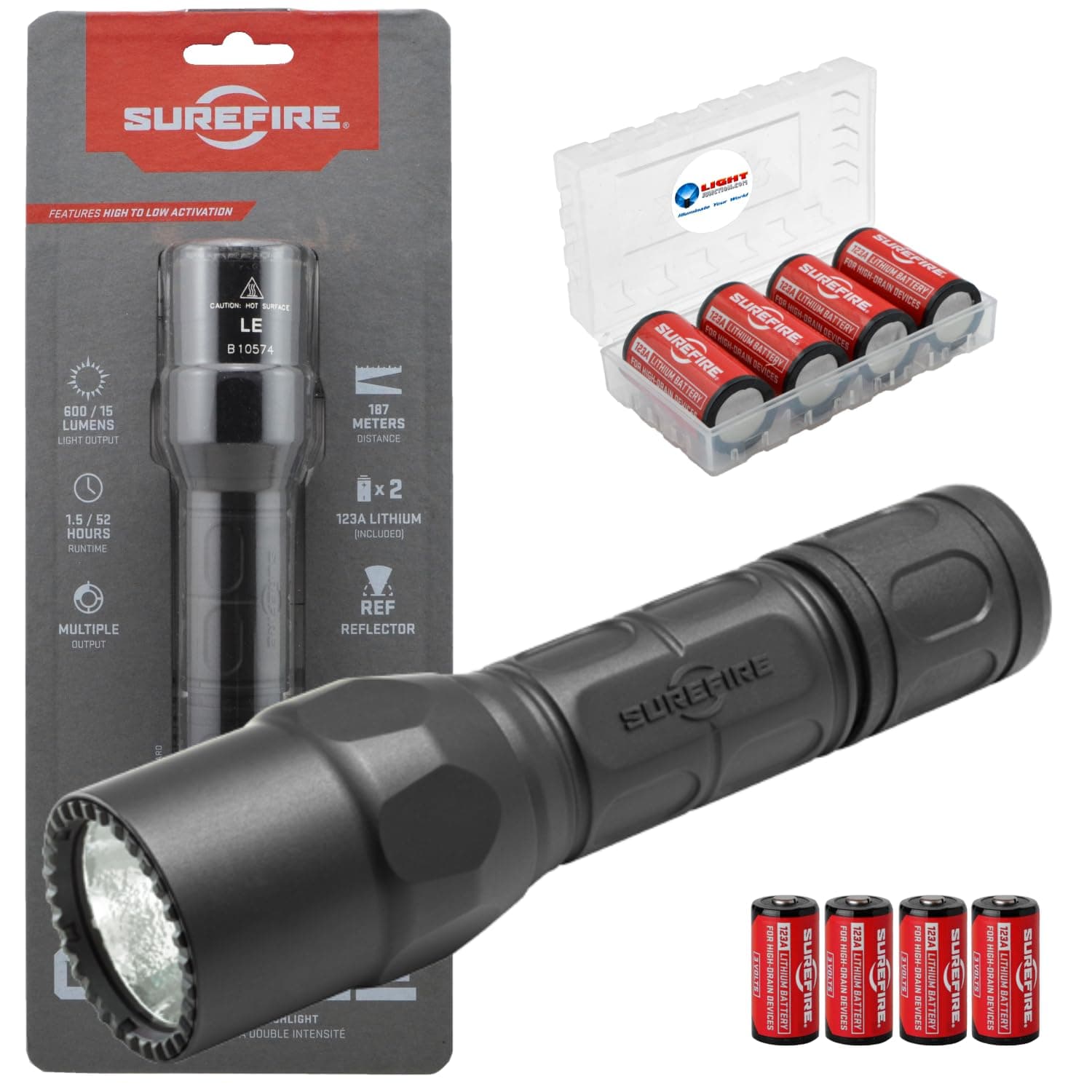 LumintrailSure Fire G2X LE Compact LED Flashlight 600 Lumen EDC Tactical Light, Black Bundle with 4 Extra CR123A Rechargeable Batteries and a Lightjunction Battery Pack
