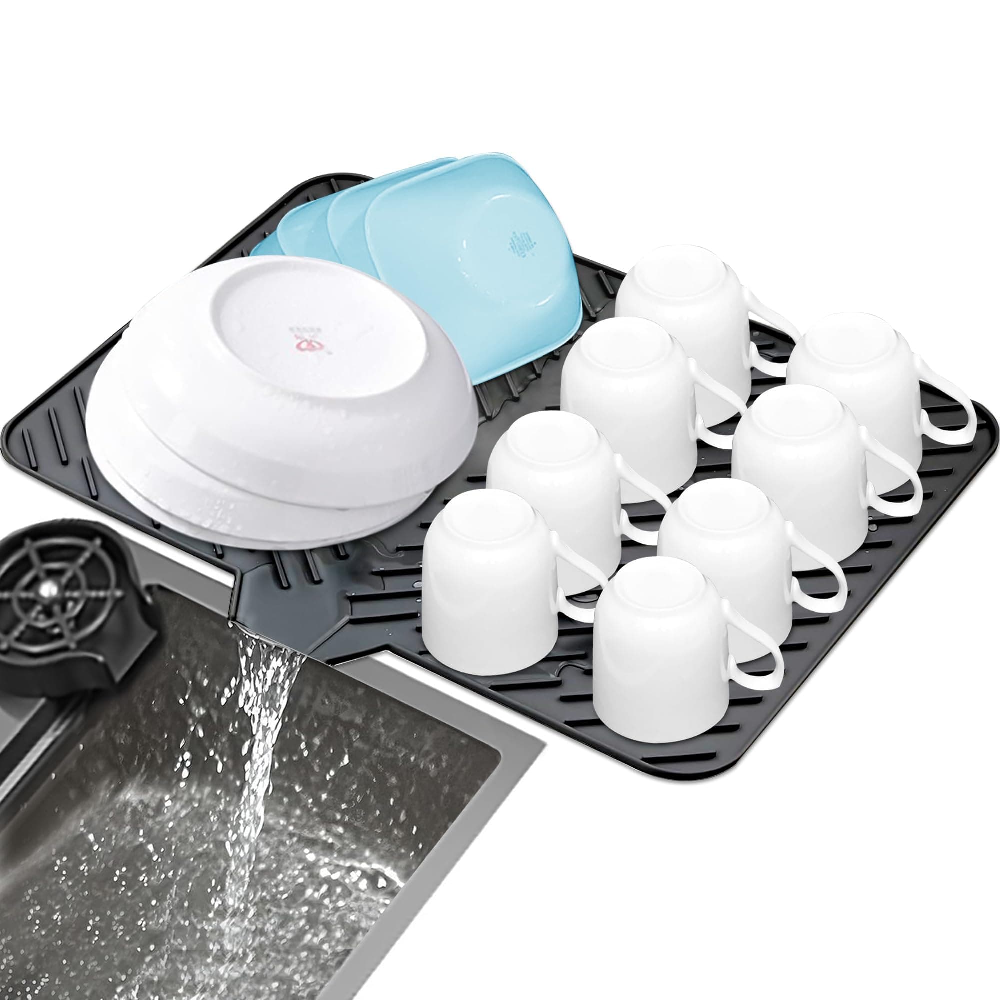 Luxet Silicone Dish Drying Mat with Built-in Drain Lip - Hygienic Drying Pad - Sturdy Compact Easy to Clean Tray Protects Surfaces Prevents Water Build Up - 23 X 17 (Black)