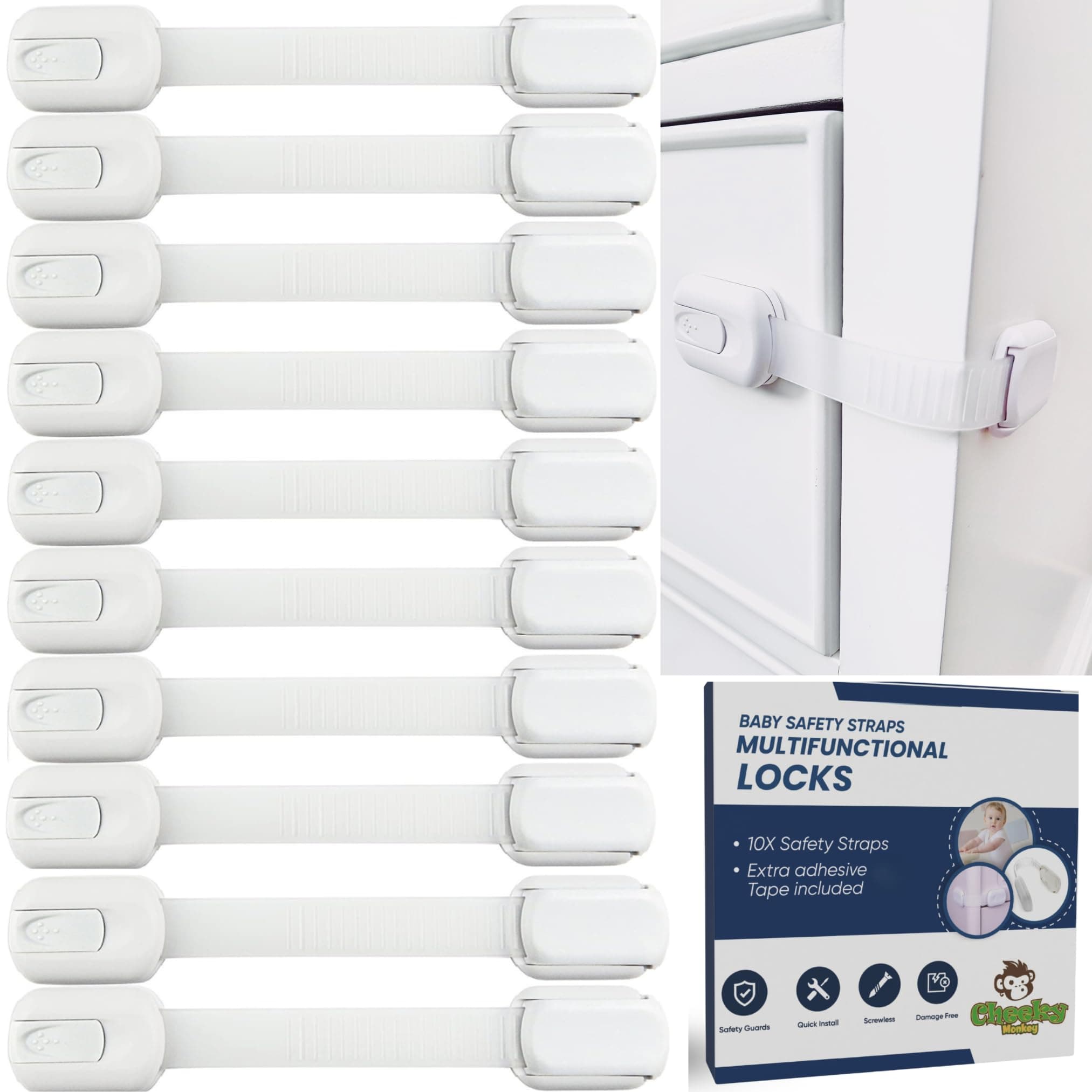 Cheeky Monkey® Cupboard Locks for Children (10 Pack) - Baby Proofing Cabinet & Drawer Safety Locks, Adjustable Child Safety Straps with Strong Residue-Free Adhesive, Easy 30-Sec Install - 6 Extra Pads