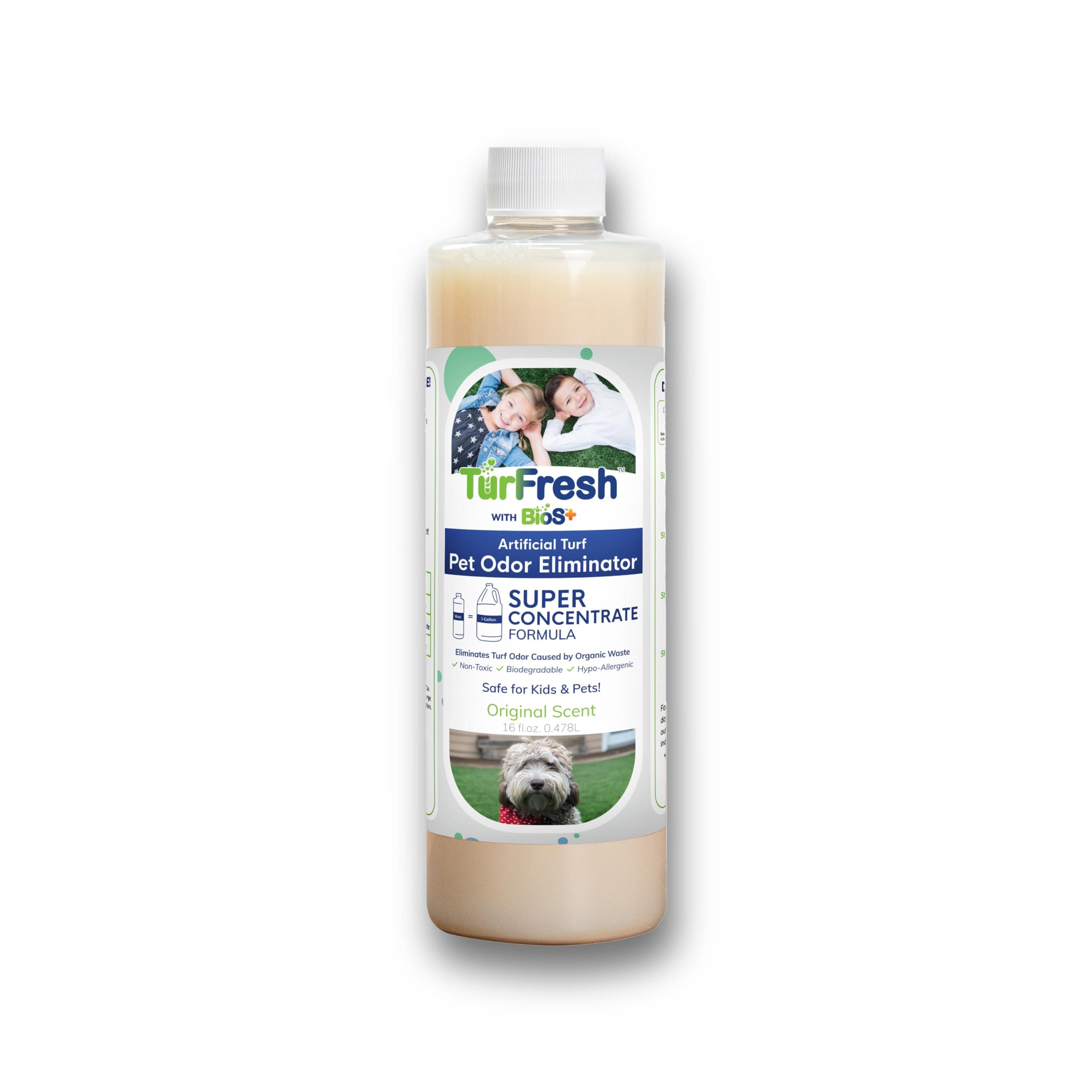 BioS+ Artificial Turf Pet Odor Eliminator - Super Concentrate Formula - Organic, Non-Toxic, Biodegradable Enzyme Cleaner - Kid, Pet, Plant Safe - Outdoor Use - 16 Fl Oz Bottle Makes 1 Gallon