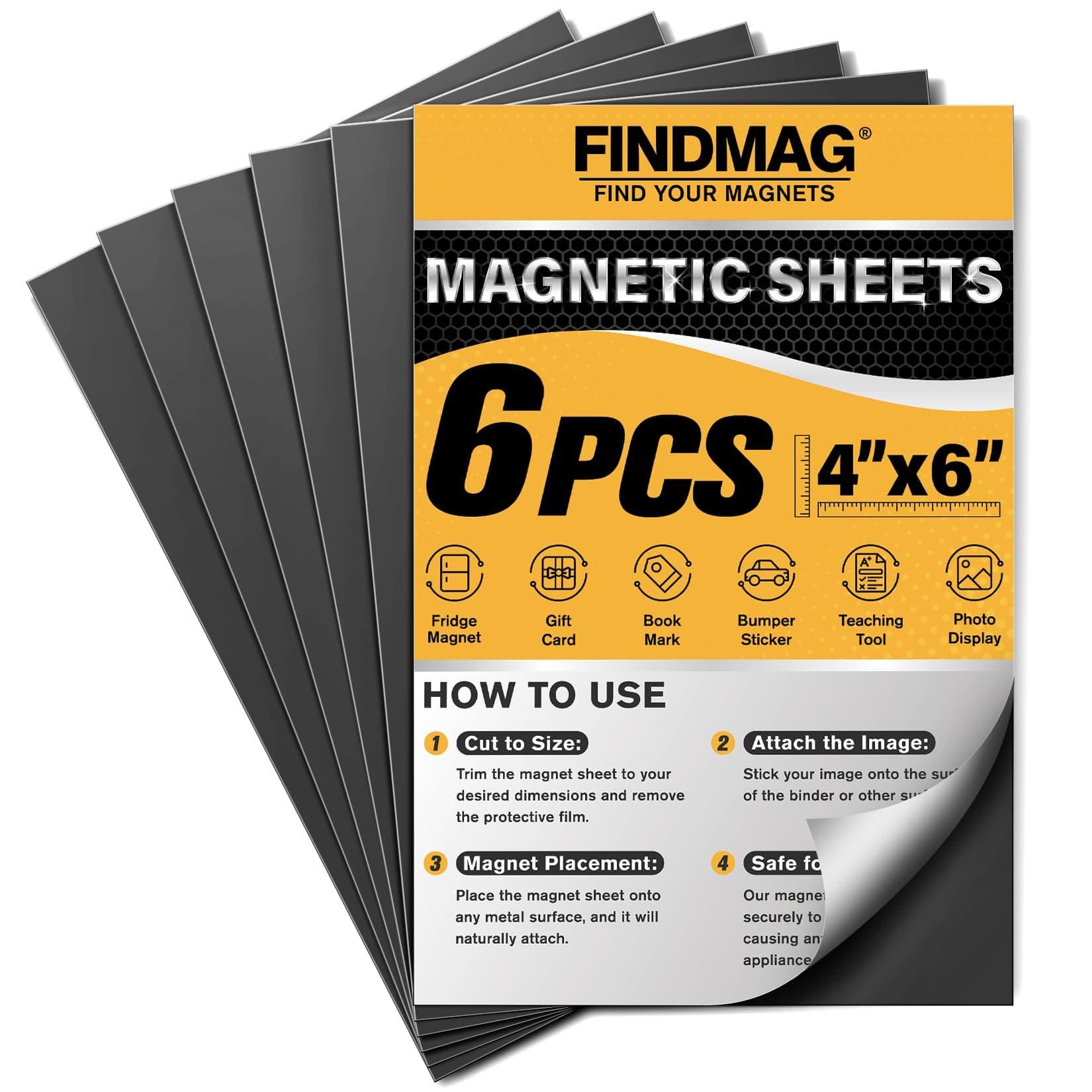 FINDMAG Magnetic Sheets with Adhesive Backing Cut and Customize Flexible Self Adhesive Magnet Sheets for Picture and Photo Magnets Magnetic Paper for Craft and DIY - 6 pcs Each 4" x 6"
