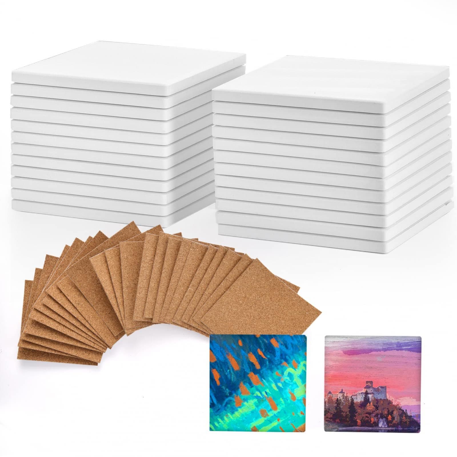 24 Pcs Ceramic Tiles for Crafts Ceramic Coasters for Crafts Blank White Unglazed Ceramic Tile for Painting, Alcohol Ink, Acrylic Pouring - DIY Coaster - Cork Backing Pads Included (4x4 inch)