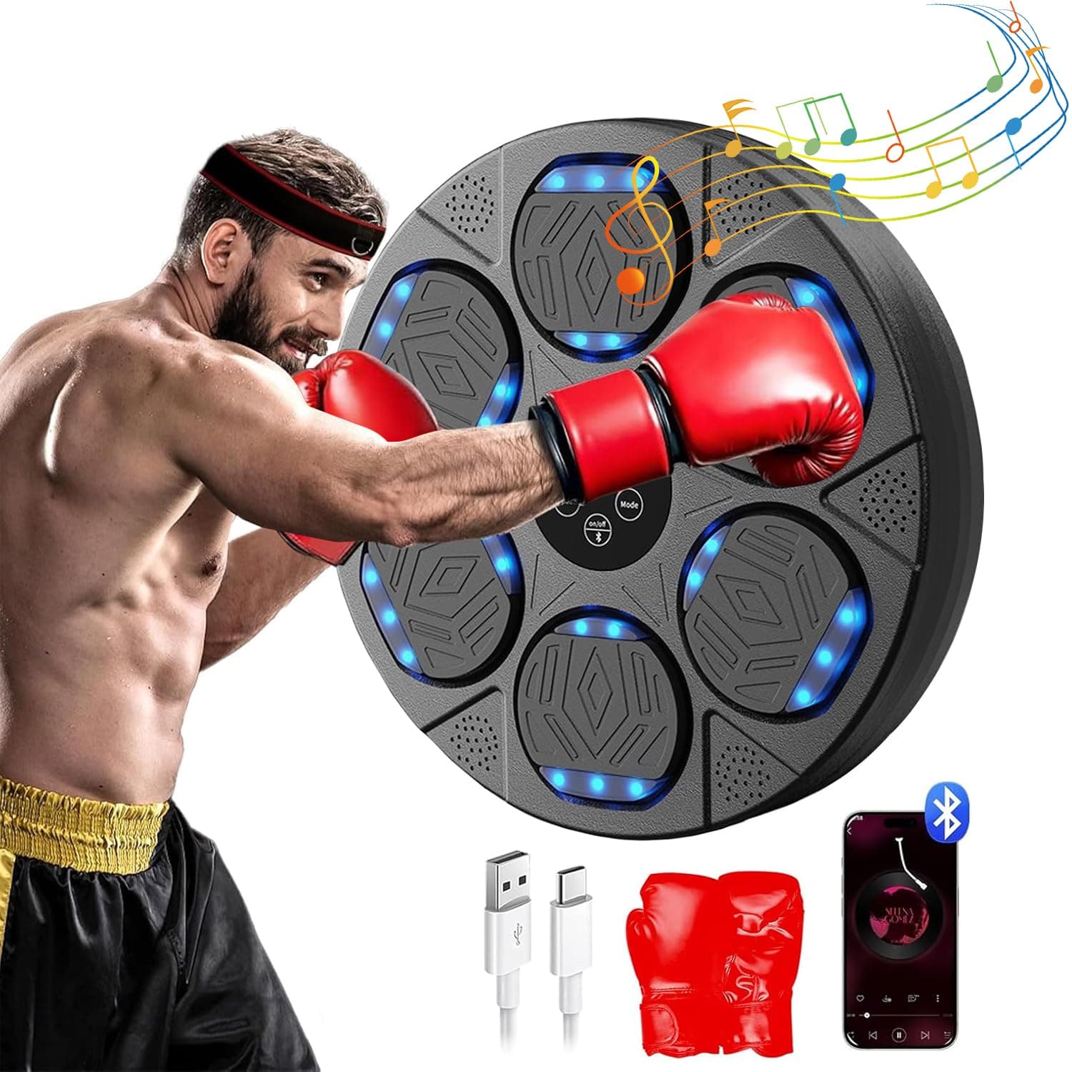Music Boxing Machine, Led Smart Bluetooth Boxing Trainer with Boxing Gloves, Boxing Machine Wall Mounted for Parent-Child Interaction & Family Entertainment, Boxing Equipment for Home, Office, Gym