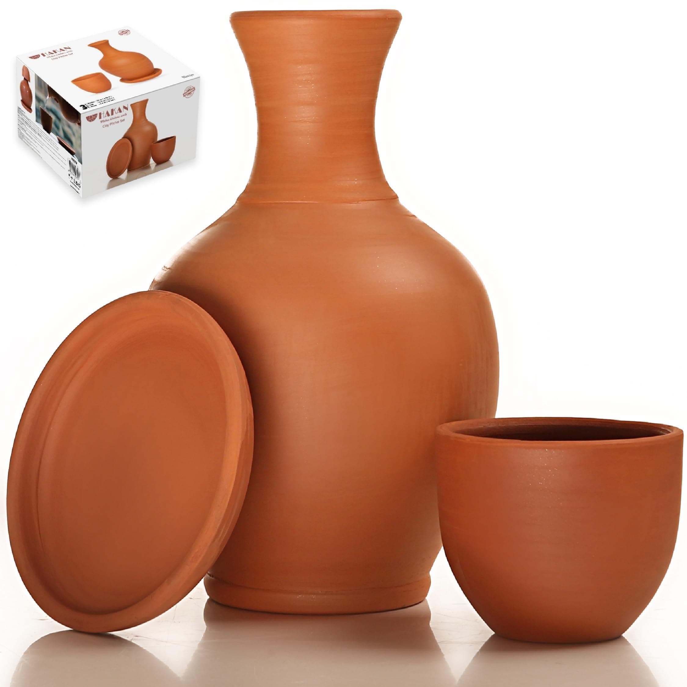 Hakan Clay Water Pitcher with Cup, Clay Water Pot for Drinking, Terracotta Mud Jugs with Mug, Earthen Water Carafe Set, Pottery Jar for Drinking Water, 74 oz