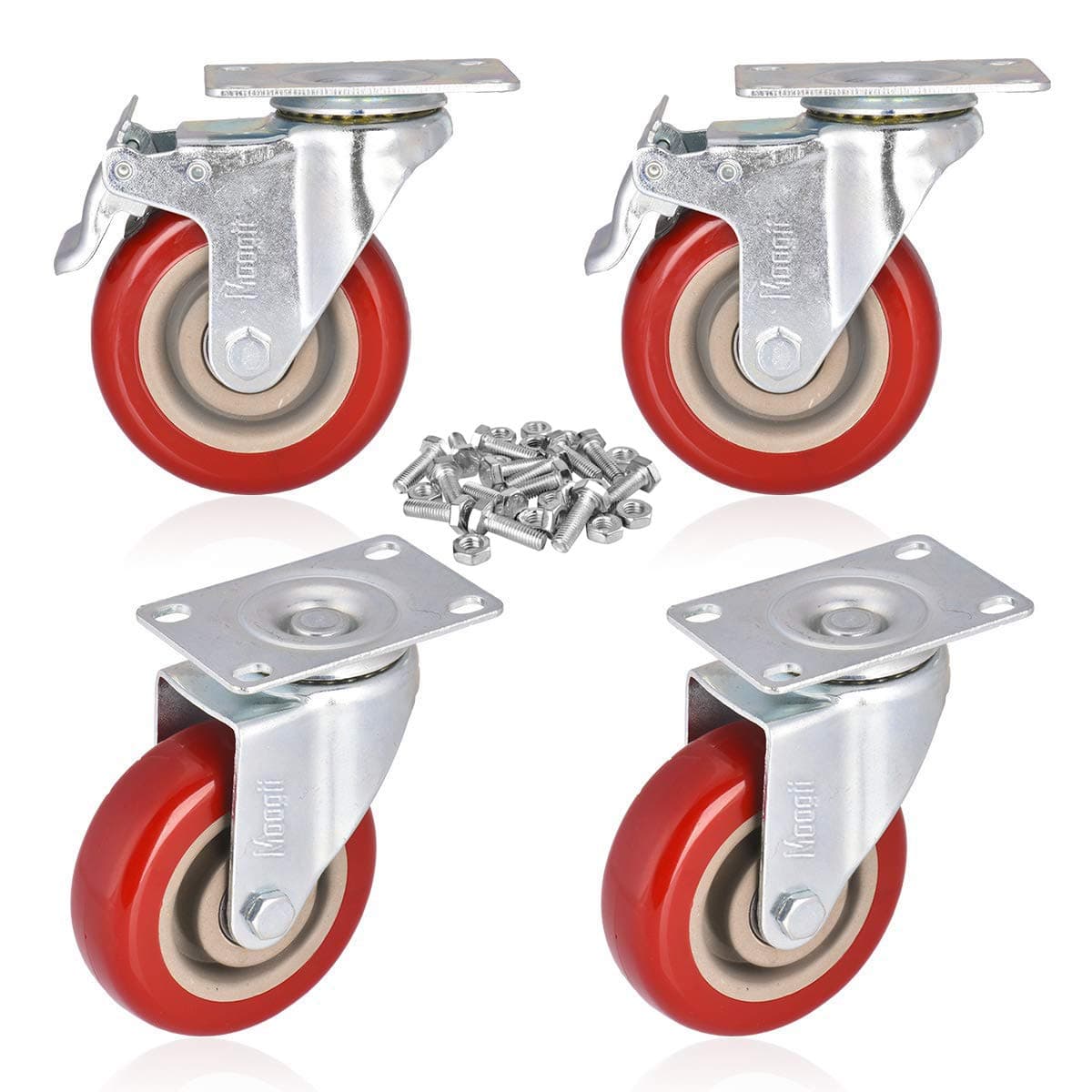 Moogiitools 4" Swivel Rubber Caster Wheels with Safety Dual Locking Heavy Duty 1200lbs Casters Set of 4 (Half with Brake)