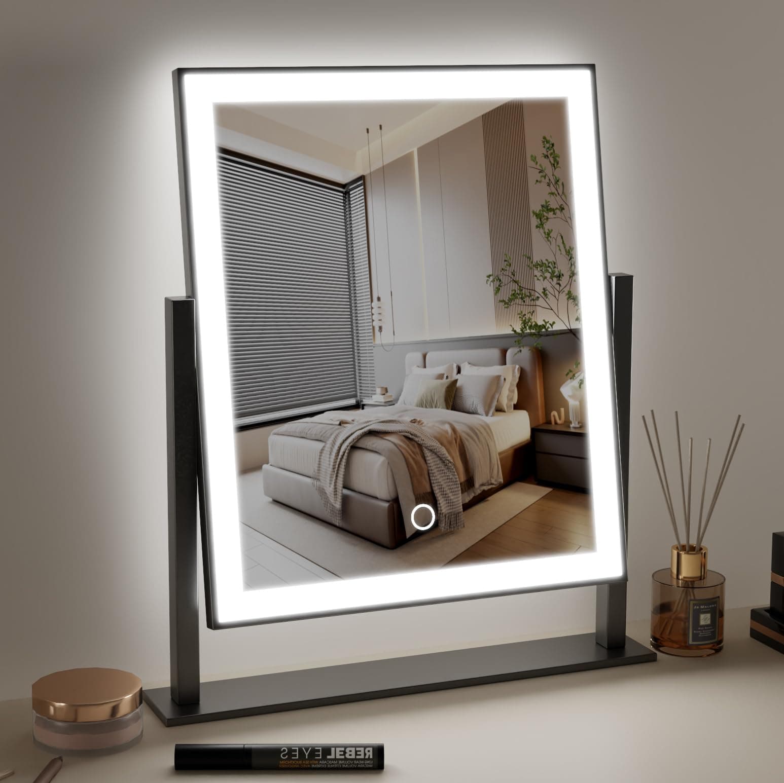 Lighted Makeup Mirror Hollywood Mirror Vanity Makeup mirror with Light Smart Touch Control 3-gear Dimable Light 360°rotation (12in, black)