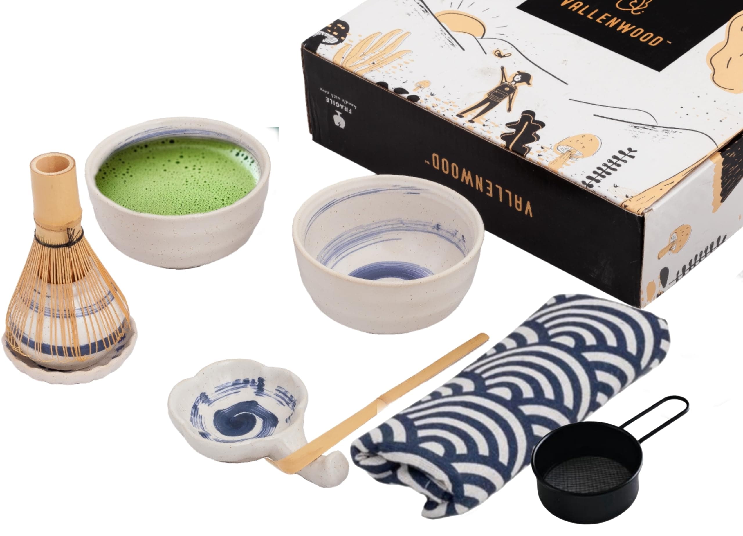Unique Matcha Set: 9 pieces set, A Ceremonial Grade Kit For Matcha With 2 Thick Glazed Dark Blue Hand Painted bowls. Bamboo Whisk, Scoop, Strainer, Table Runner, chop stand, dish bottle. (Fuji Blue)
