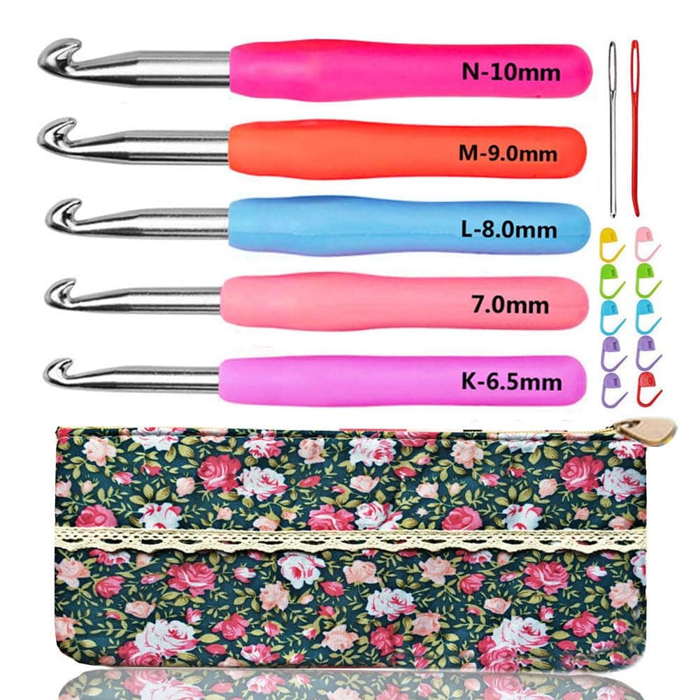 Size 6.5mm 7.0mm 8.0mm 9.0mm 10.0mm Crochet Hooks Set Ergonomic Grip Soft Handles Aluminum Crochet Hook Size K L M N/P in Case
