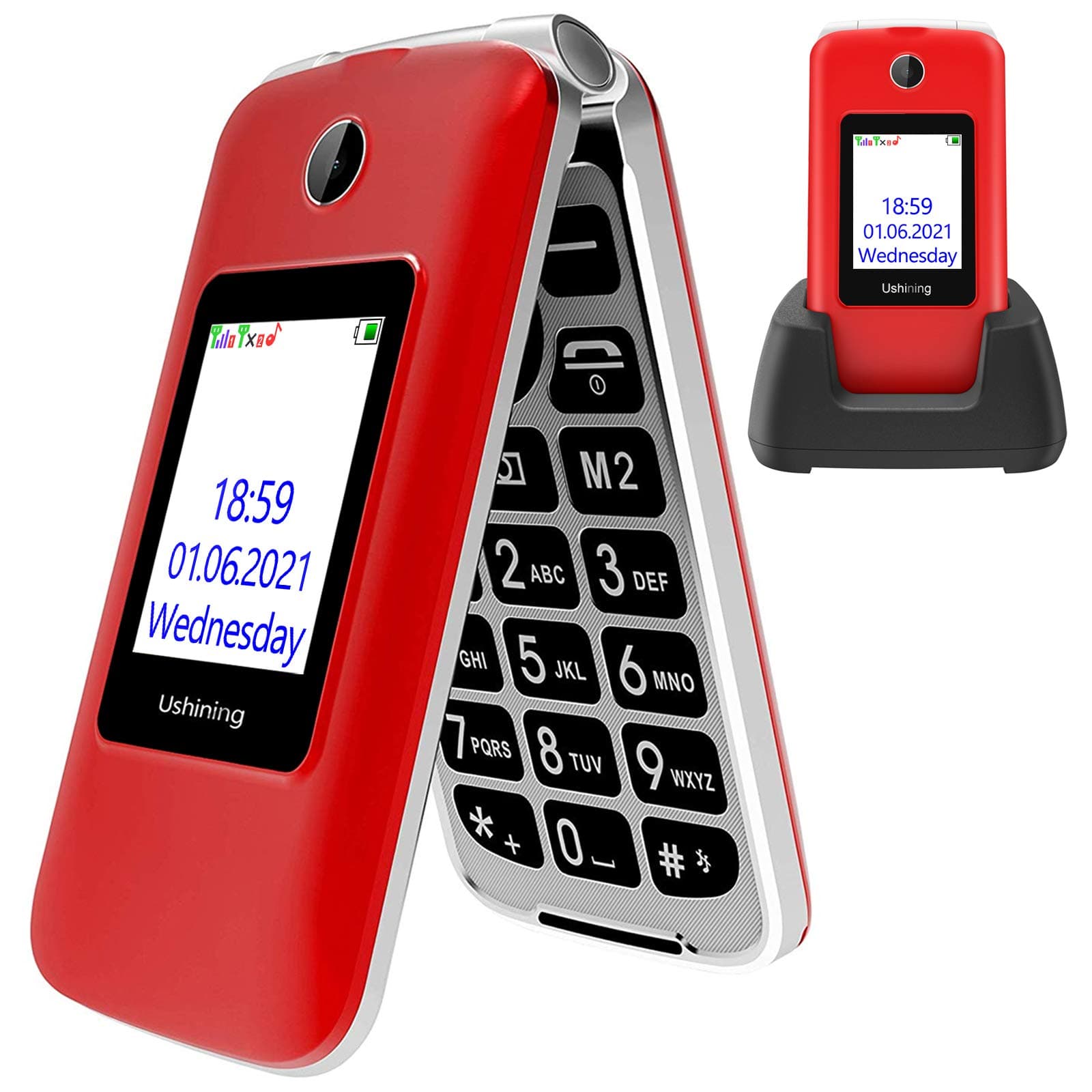 USHINING Senior Flip Mobile Phone,Big Button Mobile Phone For Elderly,Dual SIM Unlocked Card Long Standby with 2.8" Large Screen SOS Button FM Radio Torch and Charging Cradle Red