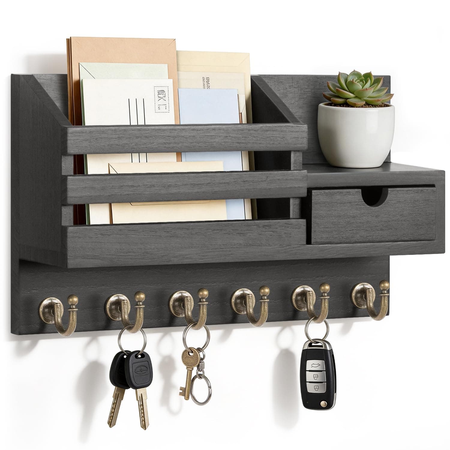 FifthQuarter Key and Mail Holder for Wall, Mail Organizer Wall Mount with 6 Hooks and Storage Drawer, Easy Installation Key Rack for Entryway and Home Decor (A-Black)