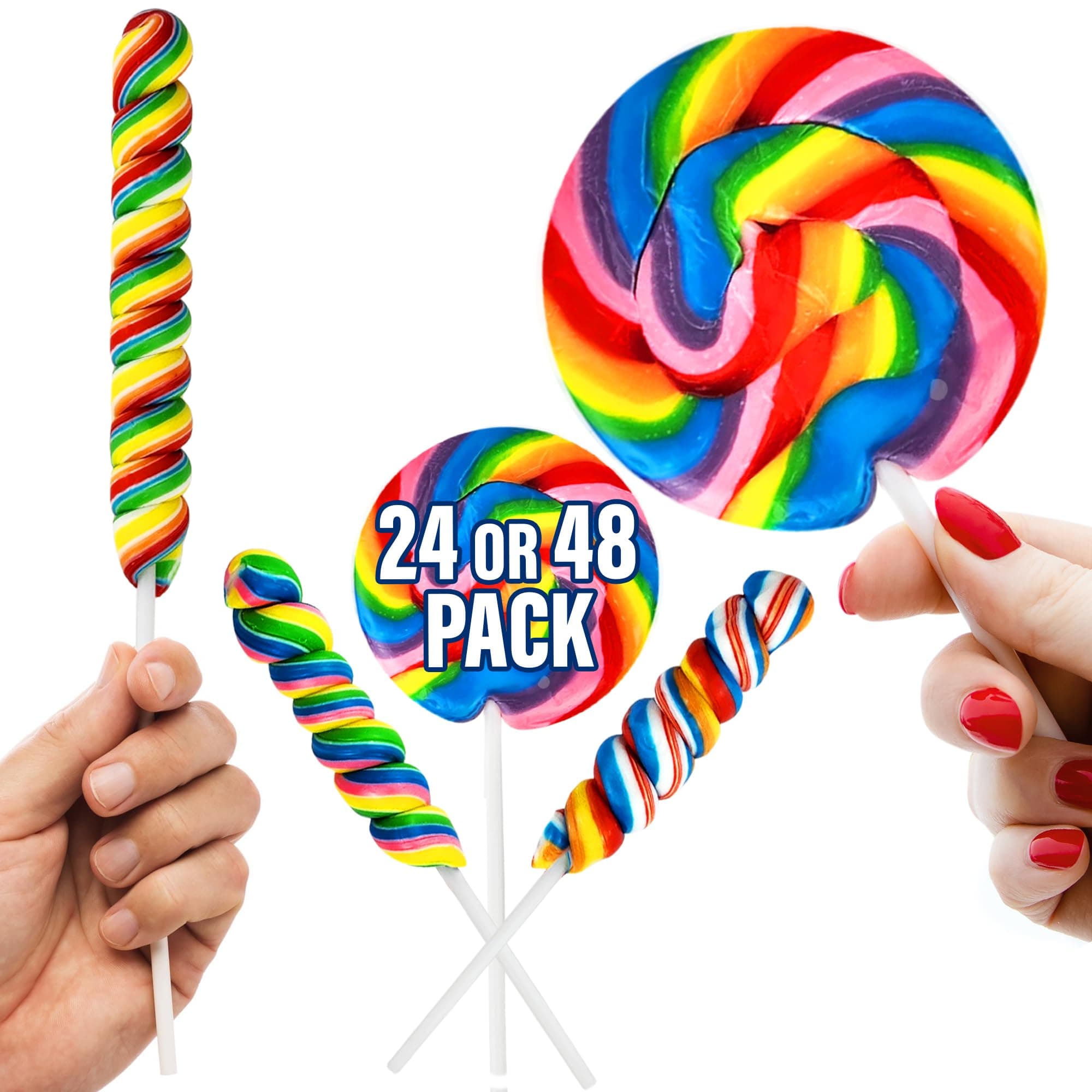Bulk 48 Large Rainbow Lollipops -None Broken-Set of 24 Rainbow Swirl Suckers & 24 Twisty Unicorn Pops 3 Inch, Party Favors, Decorations, Carnival Lollipos (Unbreakable Secured Packing 48 Pieces)