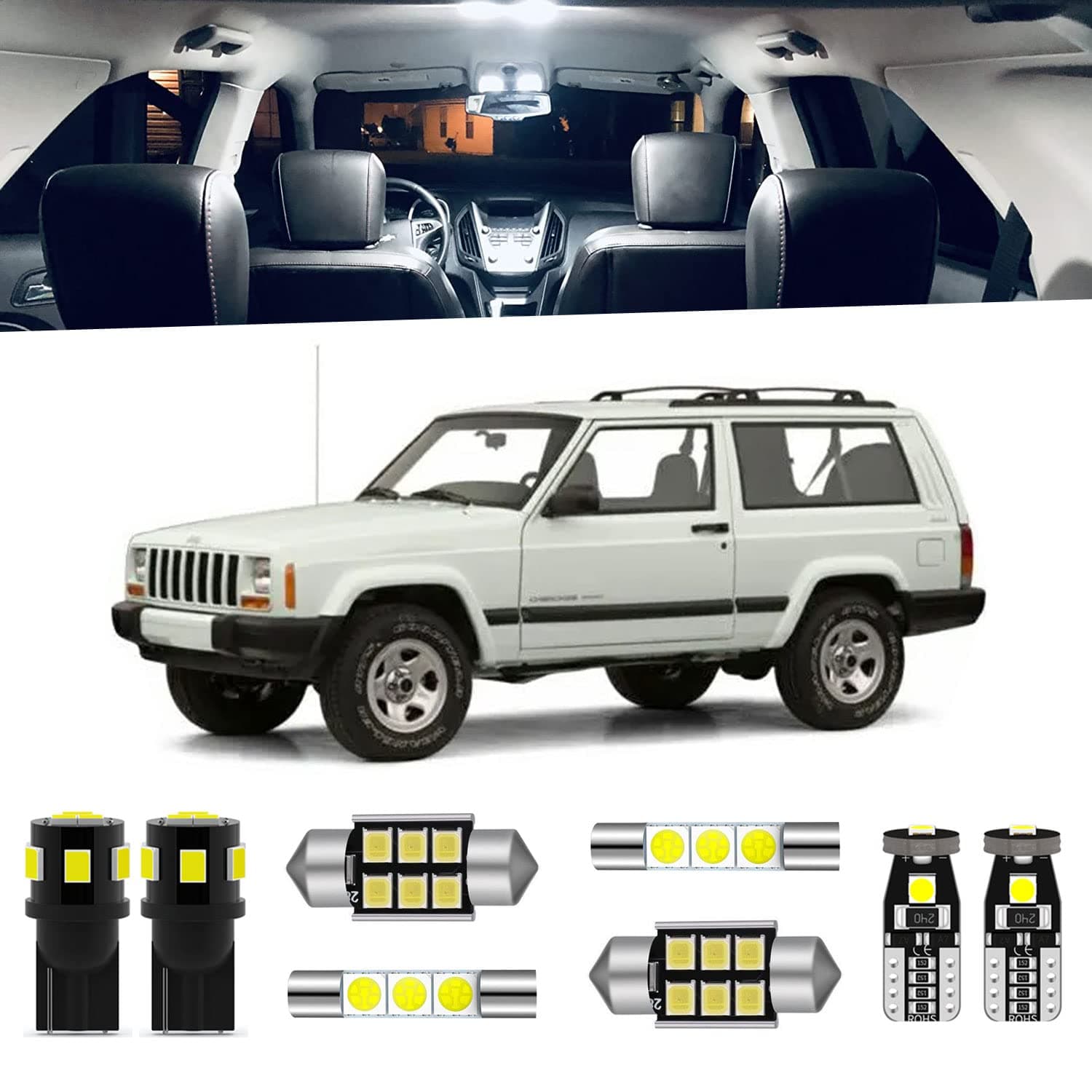 14-Pieces Cherokee LED Interior Light Kit for Jeep Cherokee XJ 1997 1998 1999 2000 2001 White 6000K Super Bright Interior Map Dome LED Lighting Package + License Plate Lights, Install Tool