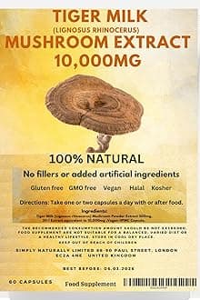 Tiger Milk Mushroom Extract 10,000mg High Strength (Lignosus rhinocerus) | 100% Fruiting Bodies | No Additives | Best Natural Respiratory Immune Support 60 Capsules (Pack of 1)