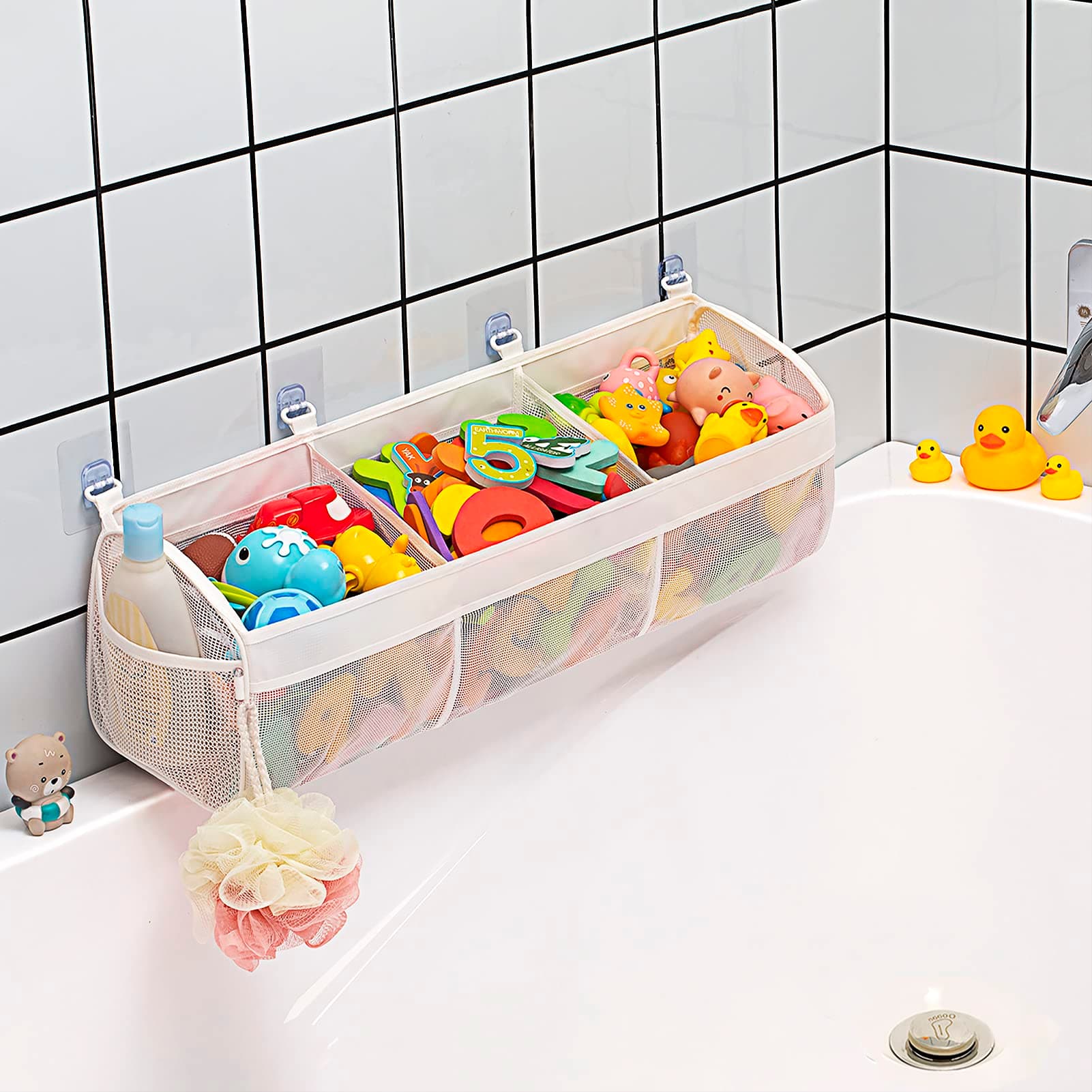 Original 3 Compartment Horizontal Large Openings Bath Toy Organizer for Tub, Capacity Upgrade Bath Toy Storage and Holder, Bathtub Toy Holder for Easy Access and Sorting of Toys.