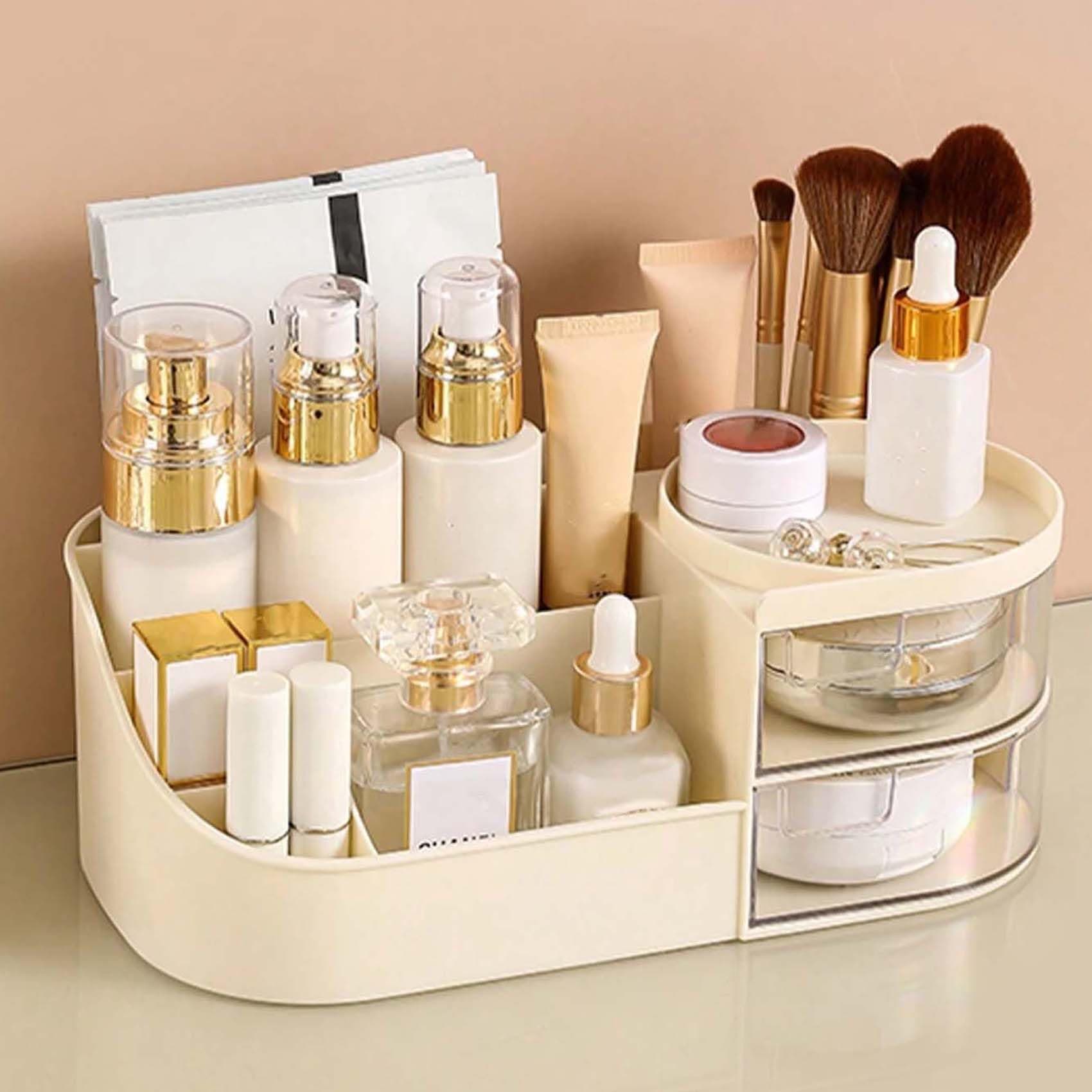 ALOXE Makeup Organizer | Makeup Box For Storage | Make Up, Cosmetic, Skincare Organiser For Women | Elegant Makeup Vanity With Transparent Drawer (Cream)