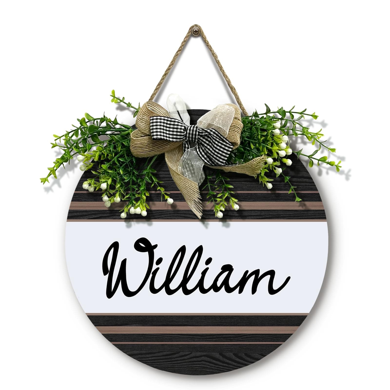 Personalized Front Door Signs with Wreath Custom Rustic Family Name Round Wooden Sign with Bow Welcome Farmhouse Customized Hello Door Hanging Sign for Home Wall Outdoor Indoor 12x12 Inch