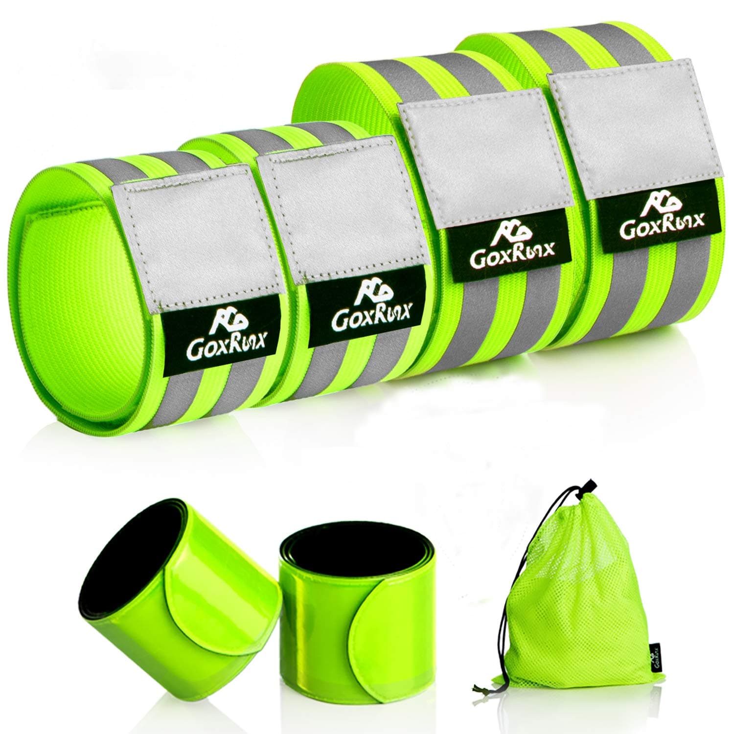 GoxRunx Reflective Bands Running Gear 6 Pack-Adjustable Reflective Armband Arm Wrist Ankle Leg Bands Reflectors -Reflective Tape Straps for Clothing Night Running Cycling Walking -Slap Bracelets
