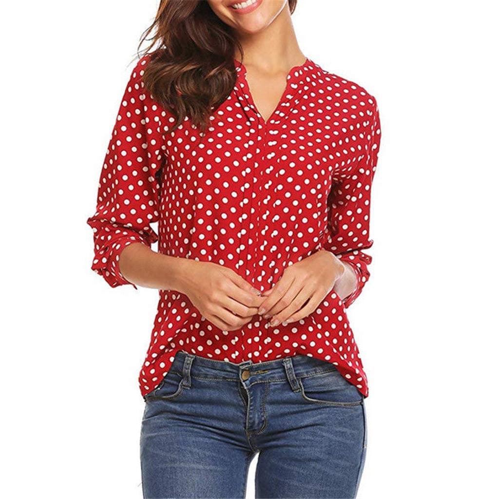 SouqgreenWomen's V-Neck Polka Dot Buttoned 3/4 Sleeve Shirt Top, Women Button Down T Shirts Casual Curved Tunic Tops, Fashion Button Blouse Tunic T-Shirt