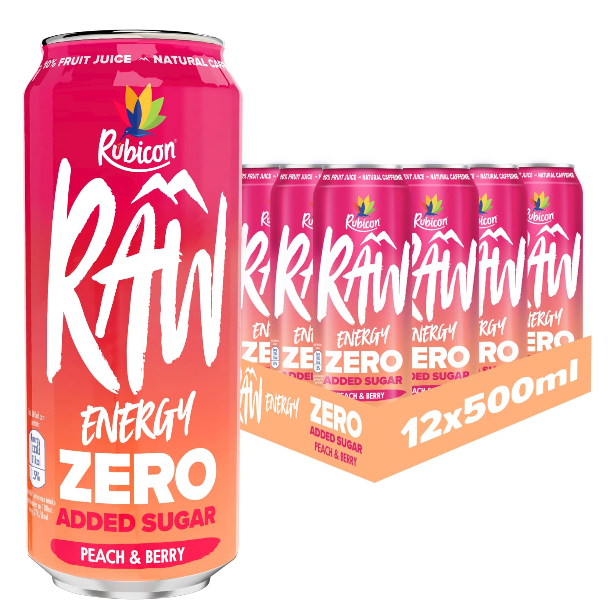 RAW 12 Pack Peach & Berry 500ml Energy Drink Zero Added Sugar + 10% Fruit Juice, High Caffeine with B-Vitamins, Ginseng & Guarana, Reduce Tiredness & Boost Energy