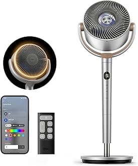 DREO Smart Fans for Bedroom, 120° +120° Omni-Directional Oscillating Fan, 100ft Quiet Pedestal Fan with RGB Light, 9 Speeds, 6 Modes, 20dB, 8H Timer, Wi-Fi/Voice, 37-42" Floor Fans with Remote, Silver