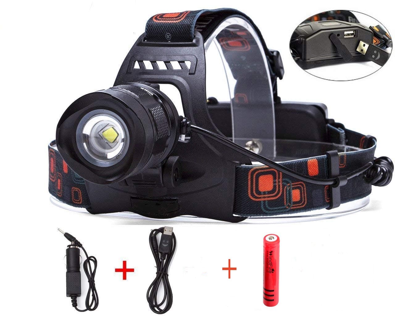 WindFire Rechargeable LED Headlamp 2000 Lumens 5 Modes Zoomable Bright Hands Free Head Torch Flashlight with USB Output for Hunting Fishing Riding Camping Walking
