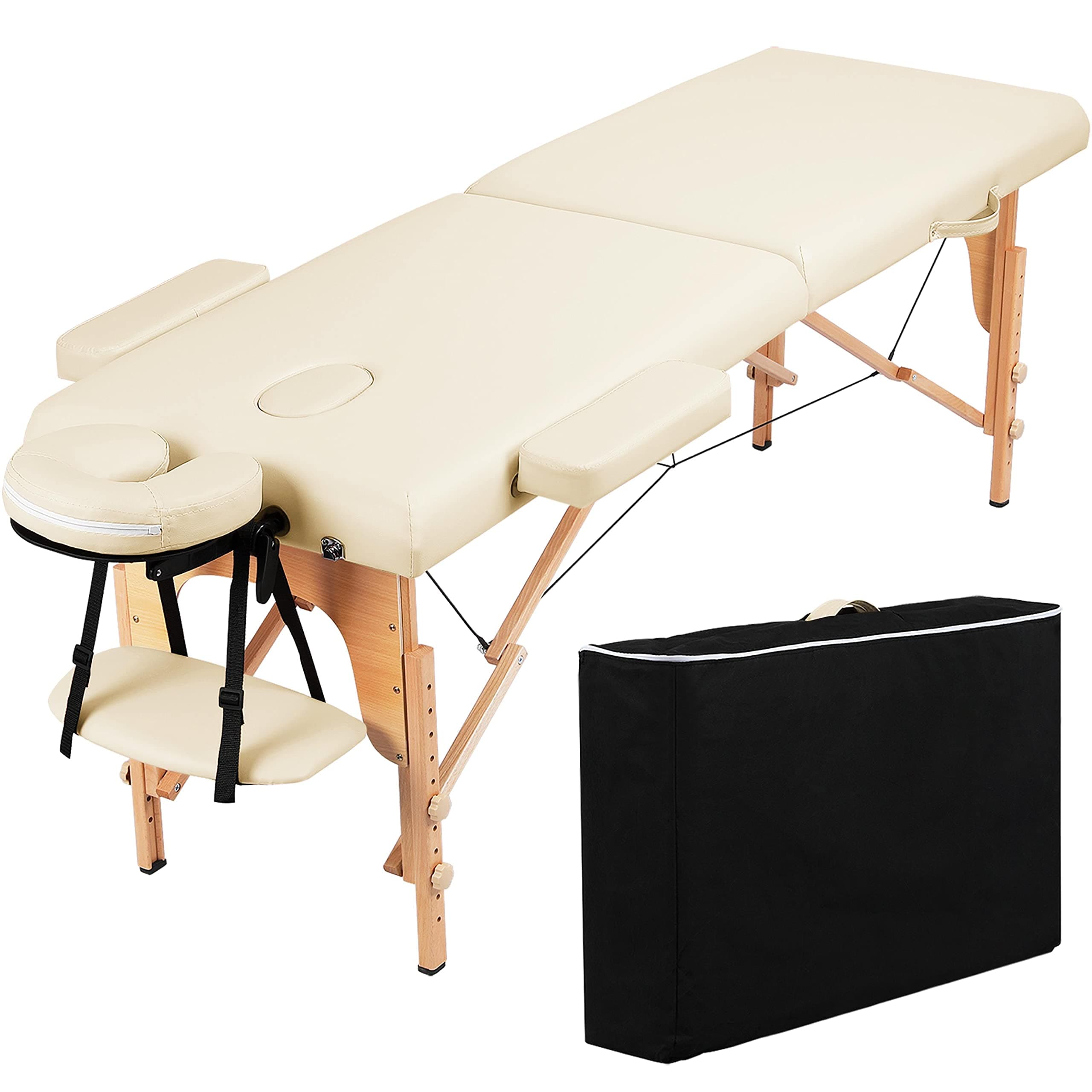 Yaheetech Portable Massage Table Folding Spa Beauty Bed Lightweight Tattoo Therapy Couch Wooden 60 cm Width 2 Section Cream