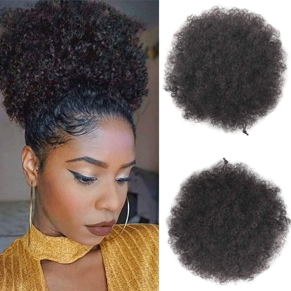 Xtrend 2PCS Black Short African Kinky Curly Wrap Drawstring Puff Ponytail Hair Extensions Wig with 2 Clips for Black Women 2#