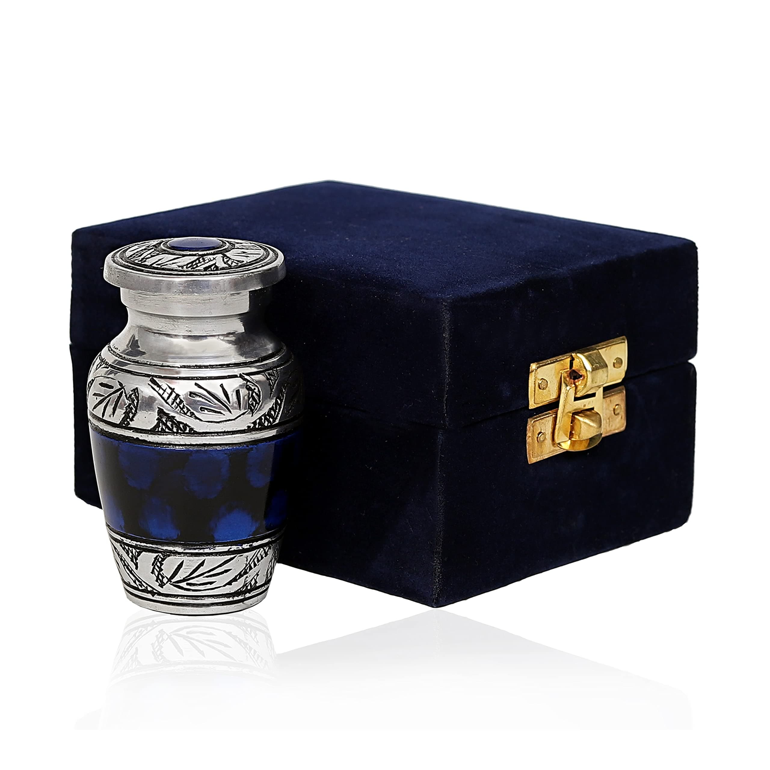 Beautiful Small Keepsake Urn - Mini Memorial Urn for Human Ashes with Velvet Bag - Peaceful Blue Brass, Hand Engraved (3 cu.in)
