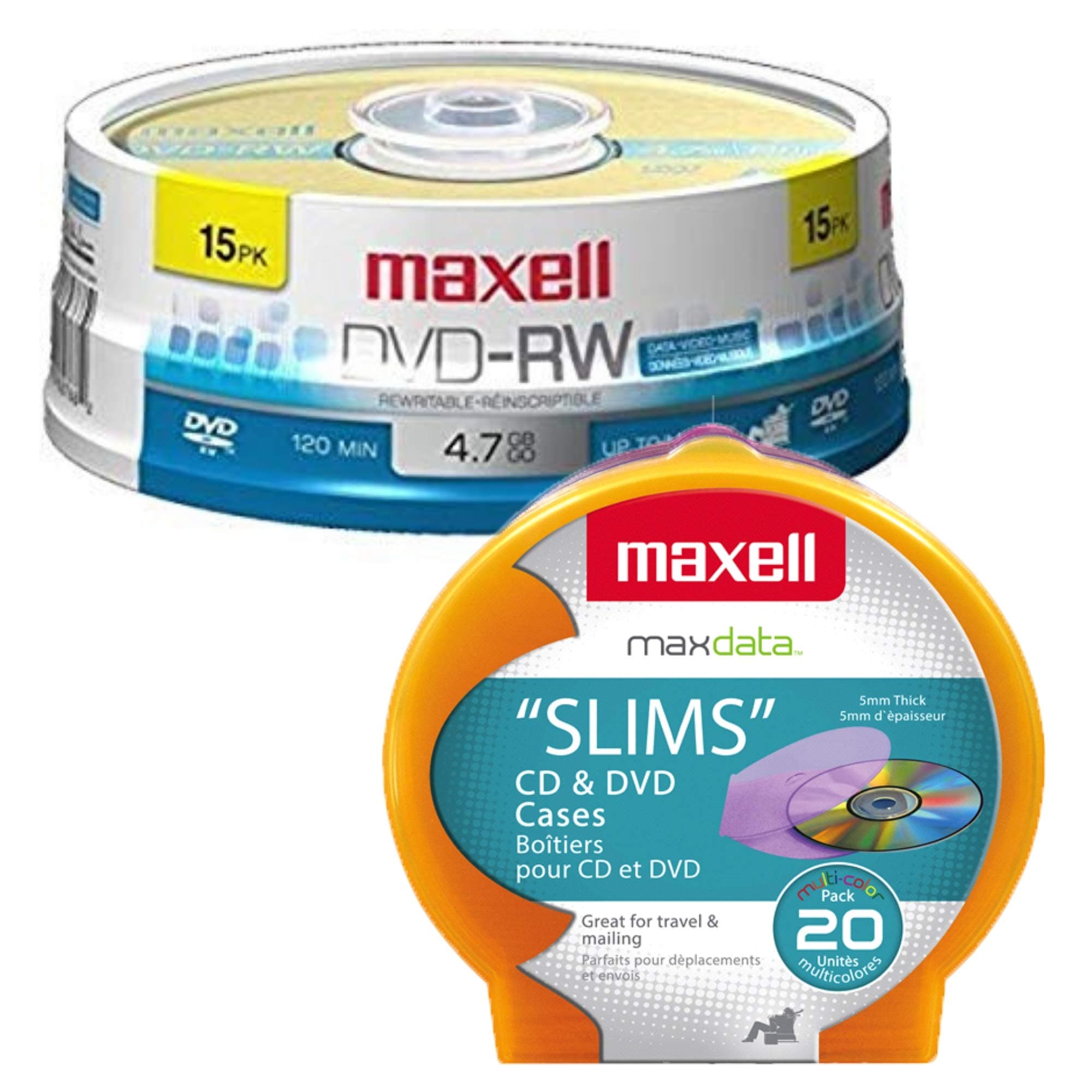 Maxell 4.7Gb DVD-RW 15 Pack Blank Discs and Maxell Disc Cases 20 Pack Assorted Colors Bundle