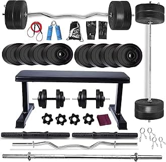 BODYFIT Home Gym Set Combo Kit, Gym Strength Training, (16-100 Kg), 3Ft Curl, 5Ft Plain Rod, Flat Bench-Black, 2X14'' Dumbbell Rods Weight Plates, Fitness Exercise Set. (56 Kg Weight Plates)