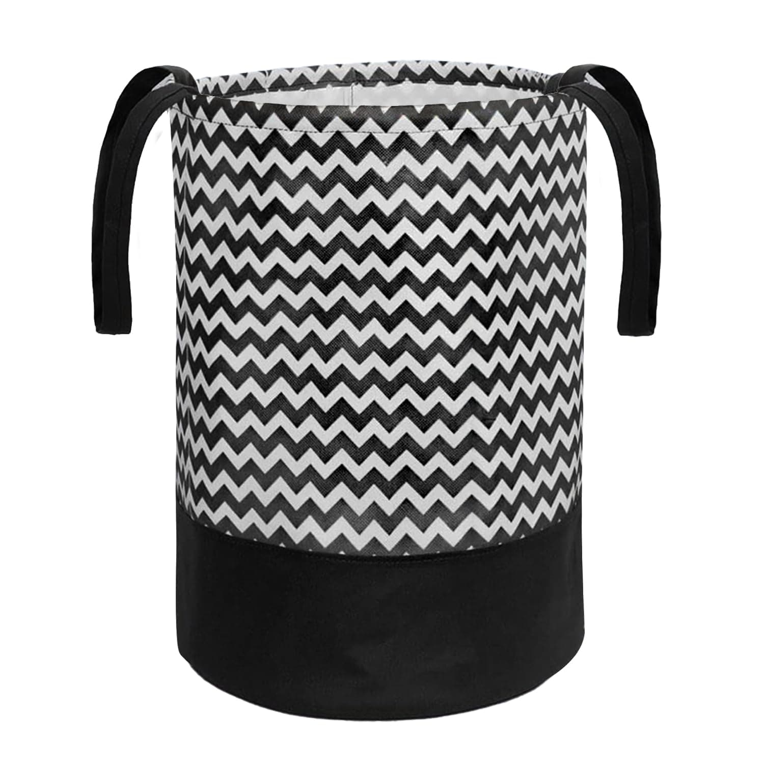 PrettyKrafts 45L Non Woven Wave Printed Round Foldable Large Laundry Bag/Basket With Handle, Freestanding Cloth Storage Organizer for Bedroom, Bathroom (36x36x45cm, Black & White, Set of 1)