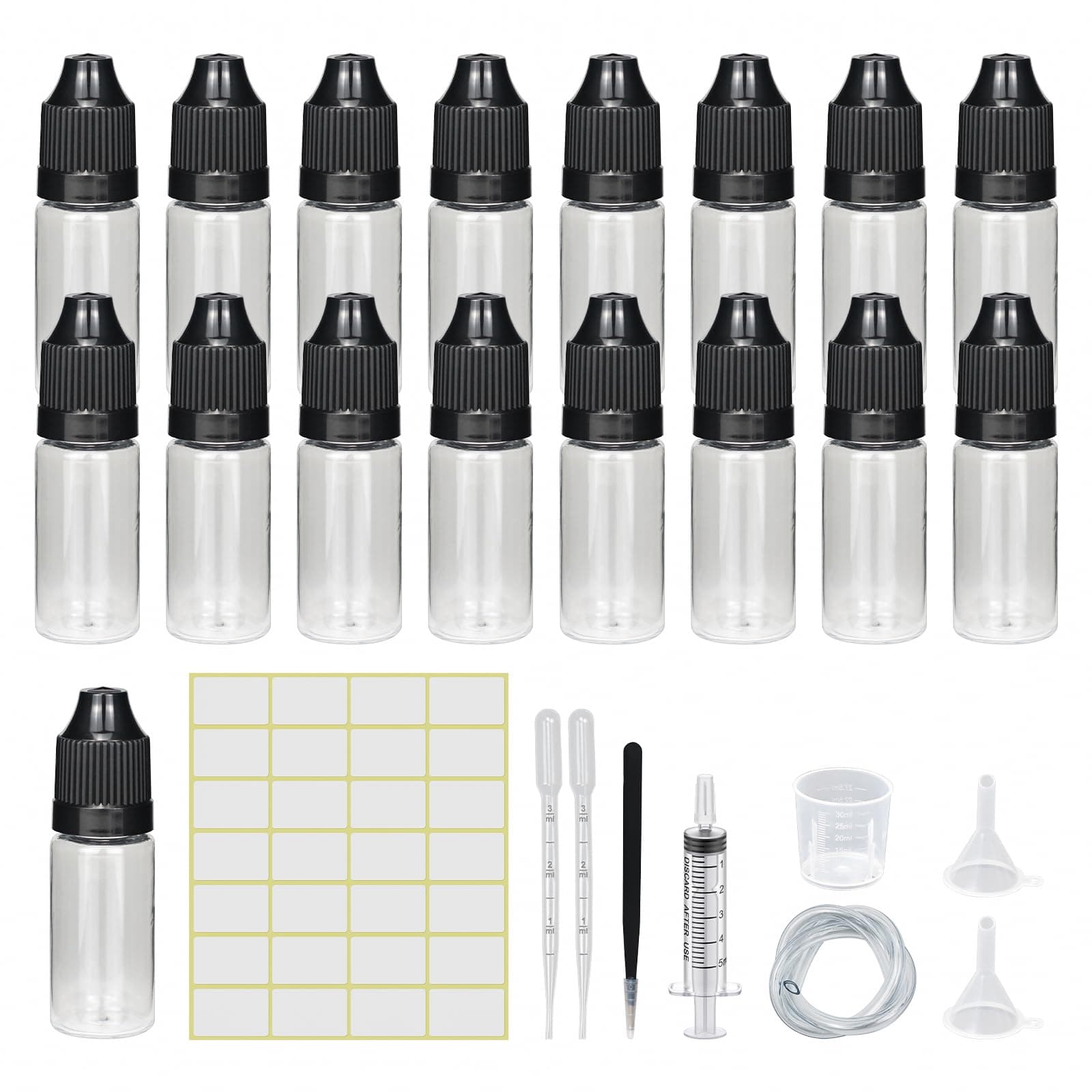 Episkey Dropper Bottle 10 ml x 30 Transparent Plastic PET Travel Storage Bottles with Child Lock Lid Includes Funnel Measuring Cup Labels Transfer Pipette