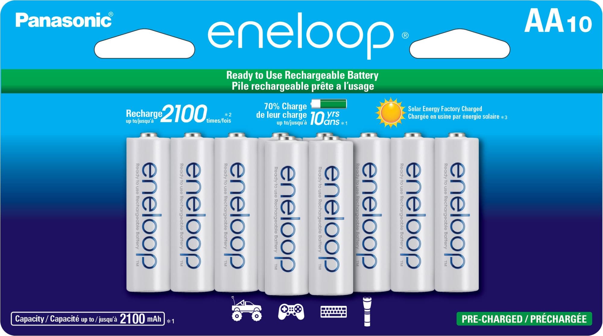 Eneloop Panasonic BK-3MCCA10FA AA 2100 Cycle Ni-MH Pre-Charged Rechargeable Batteries, 10-Battery Pack