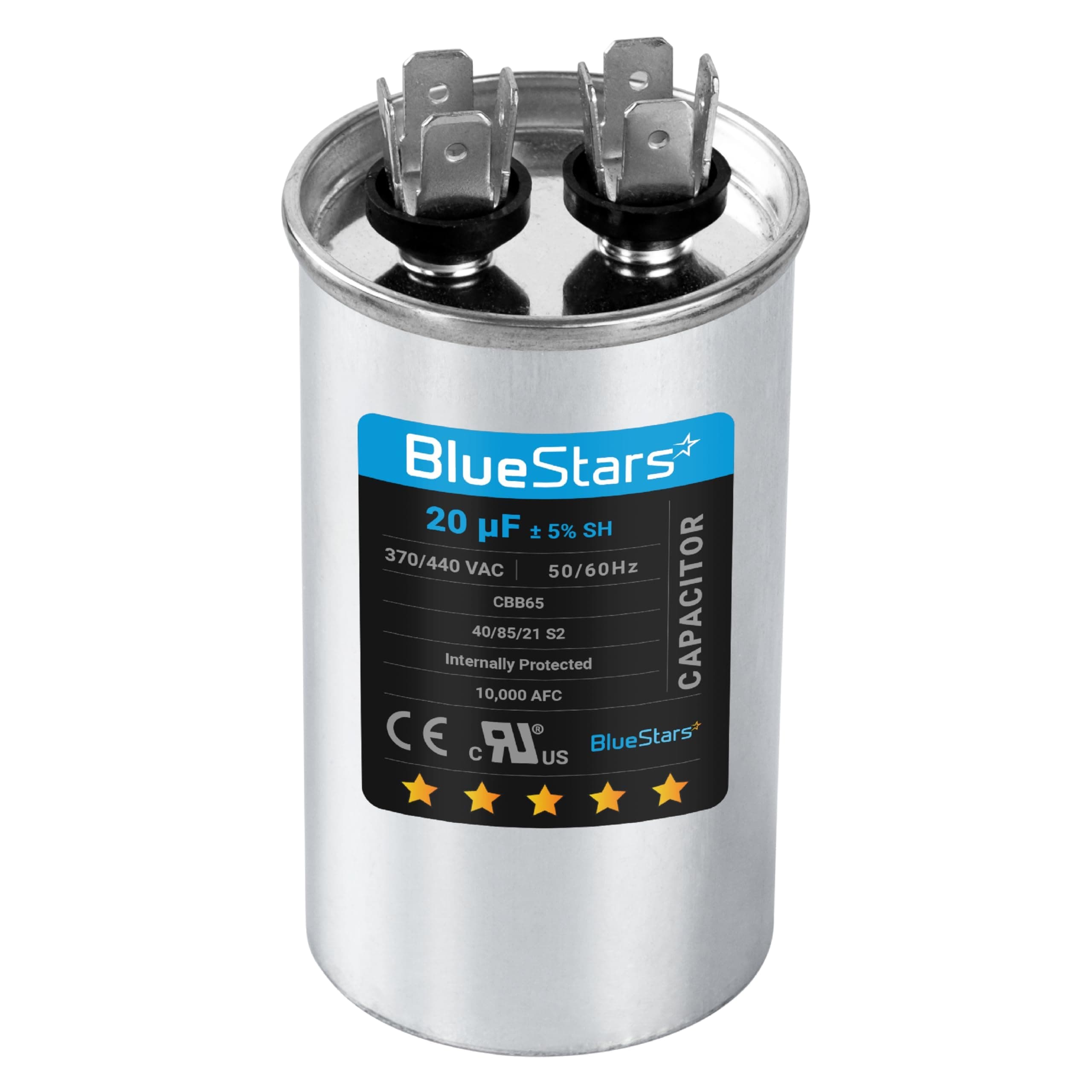 [UL Certified] BlueStars 20 uF MFD uf ± 5% MFD 370 V VAC or 440 Volt CBB65 Multi-Purpose Motor Run Round Capacitor 10000AFC - Compatible for Air Conditioner or Heat Pump Condenser