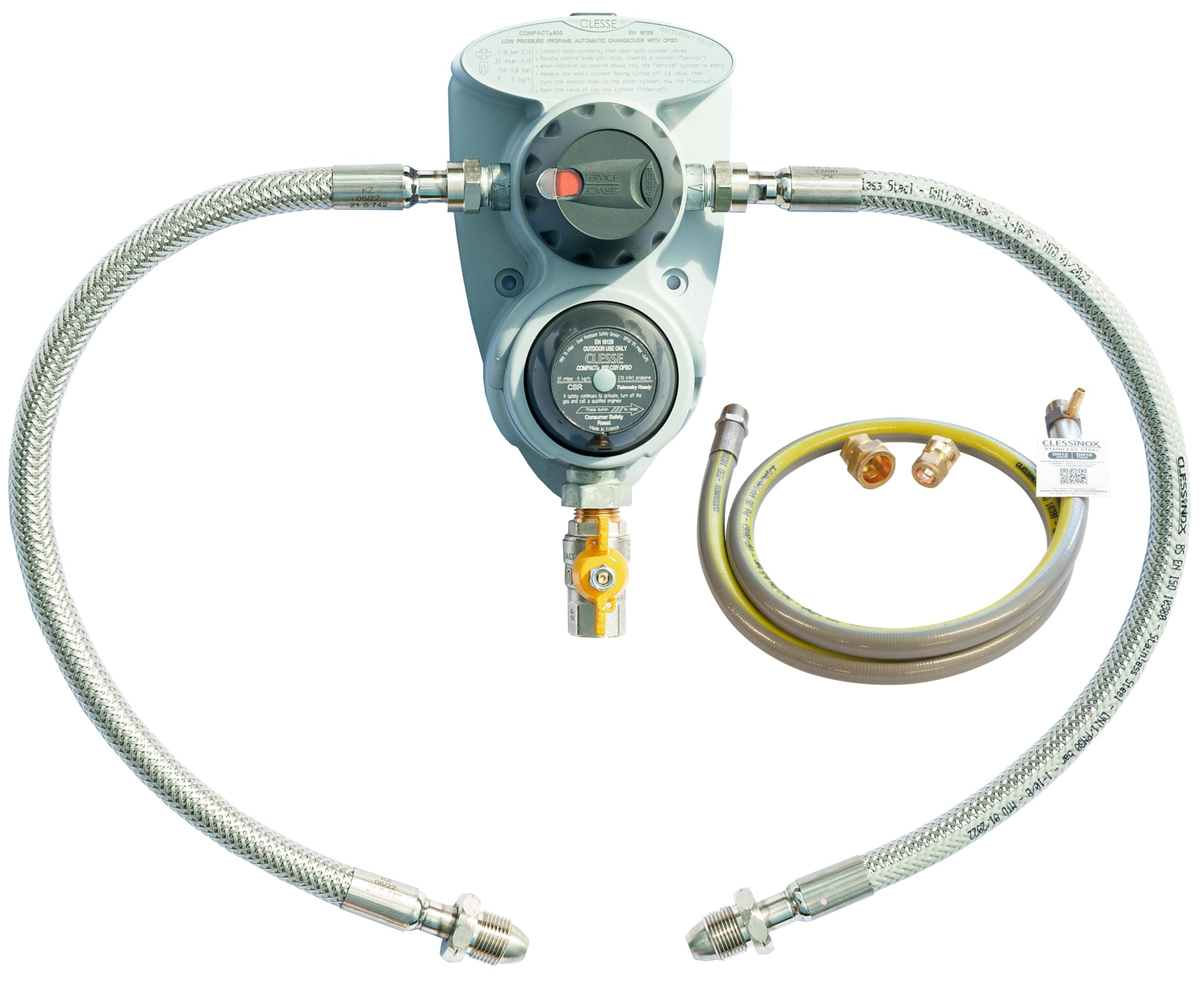Clesse Compact R800 2 Cylinder Over Pressure Shut Off Auto Changeover, Hose & Stainless Pigtails