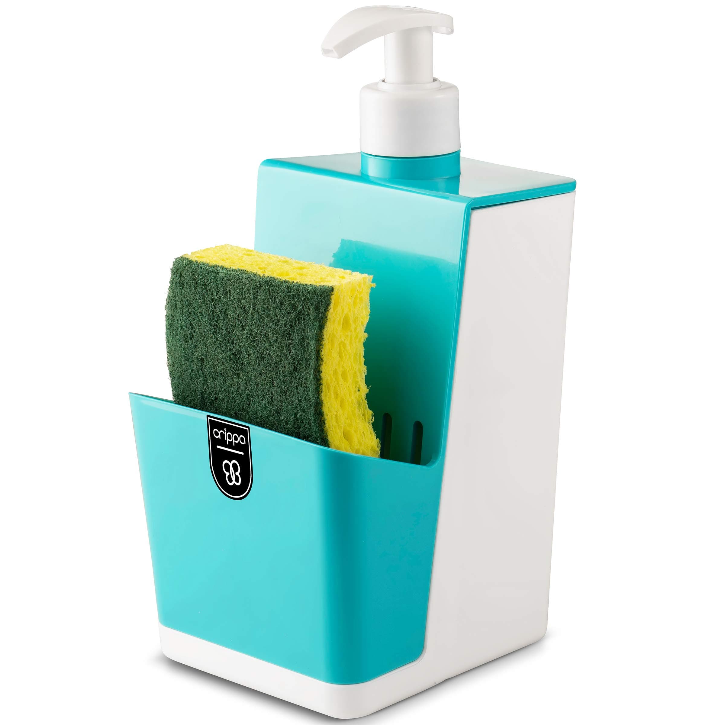 Crippa Dish Soap Dispenser for Kitchen Sink | 16.9-oz Kitchen Soap Dispenser with Sponge Holder | Turquoise & White