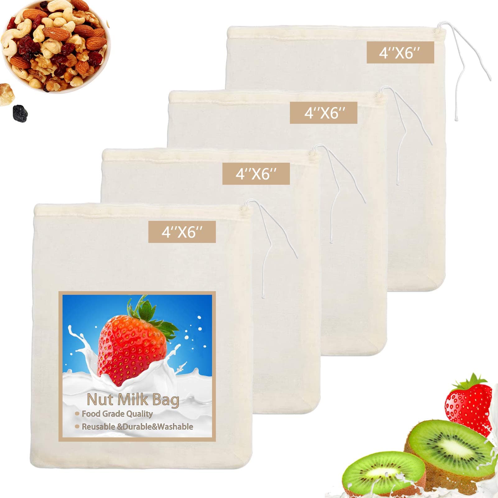 Nut Milk Bag - 4 Pack Reusable Cheese Cloths for Straining, Cold Brew Coffee & Bone Broth Bags (4INX6IN)