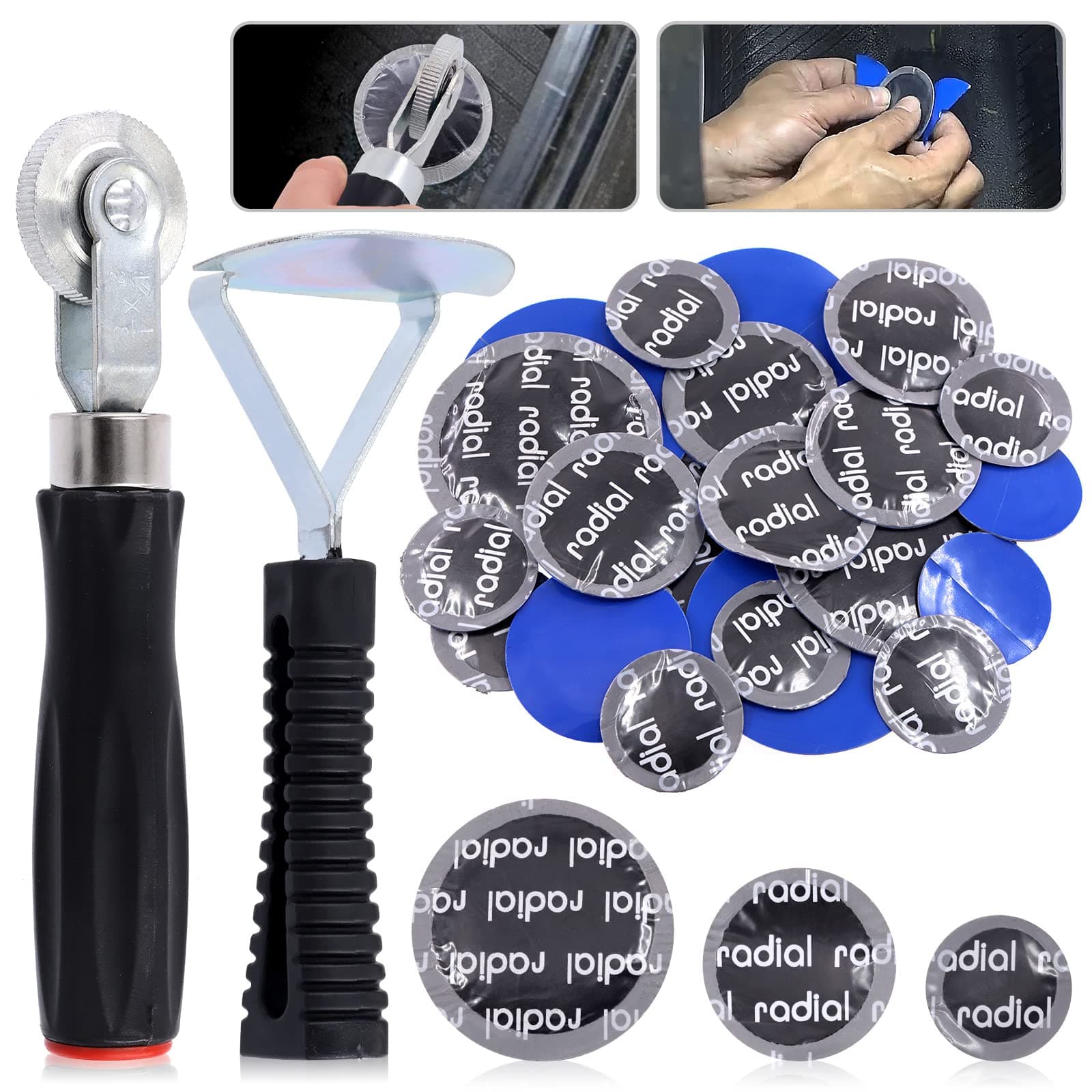 25Pcs Tire Repair Tool Kit Including Tire Patch Roller, Tire Inner Liner Scraper and Round Natural Rubber Tire Puncture Practical Car Tire Repair Tool for Car Truck Bike