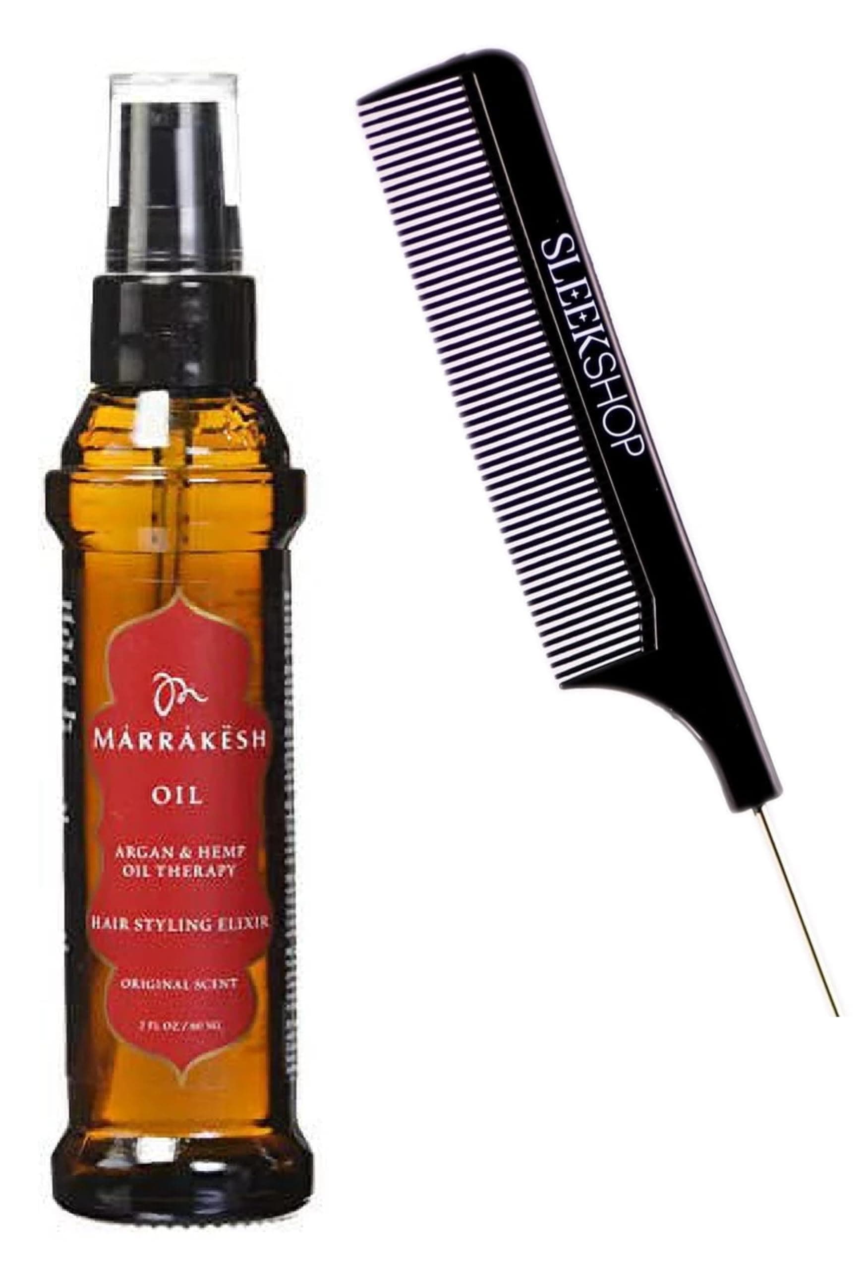 SIeekshop Steel Pin Rat Tail Comb - 2 oz, Includes Marrakesh Oil Hair Styling Elixir Original Scent (Argan & Hemp Oil Therapy)