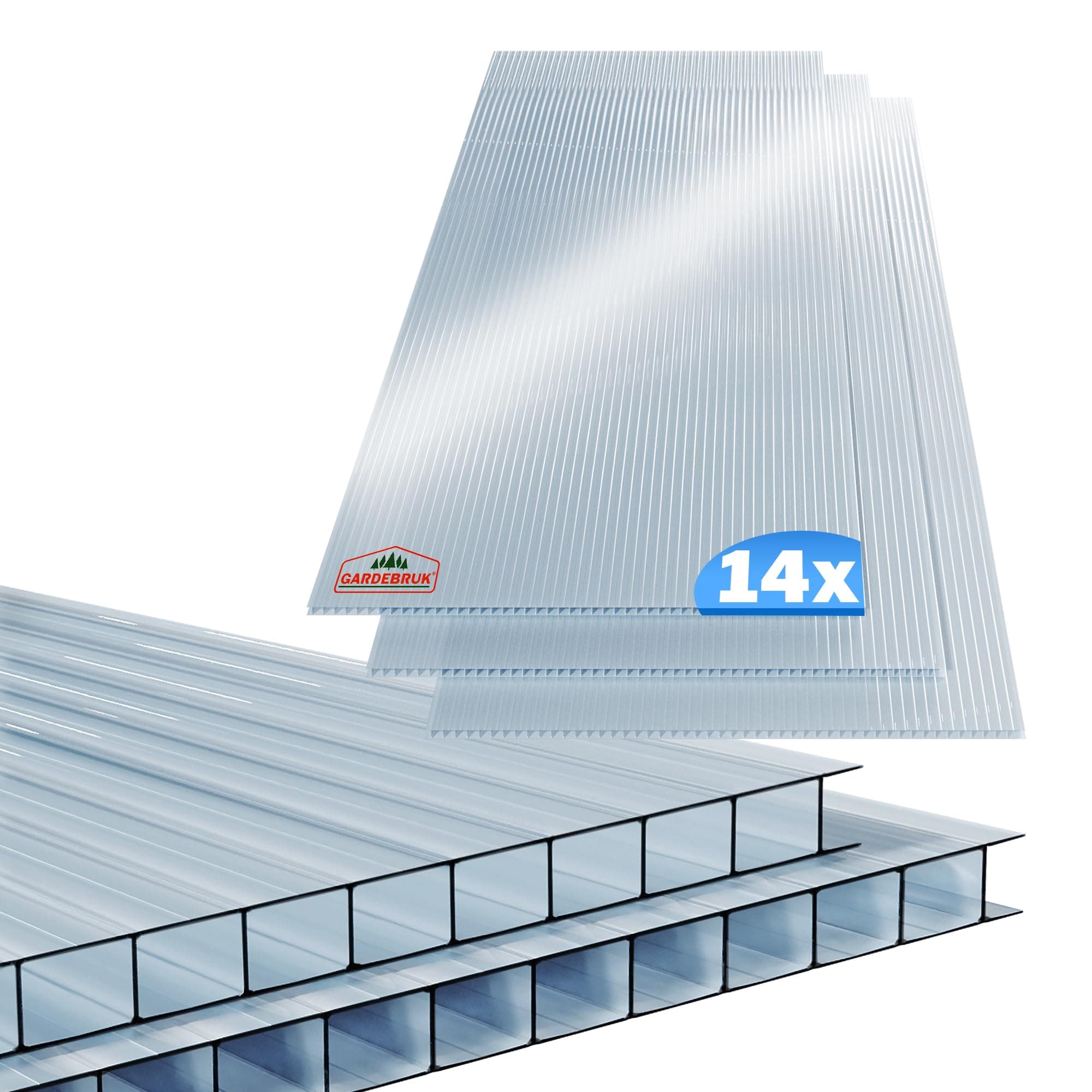 GARDEBRUK® 14x Polycarbonate Twin Wall Sheets | 4mm | 10.25m² | Double Wall Panels | 121x60.5cm | Wall Panel for Greenhouse, Garden Shed, Bike Shed | Plastic Sheeting | Fence Panels | Roofing Sheets