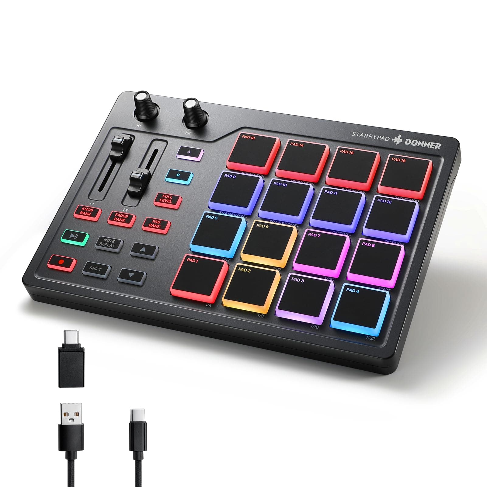 MIDI Pad Beat Maker Machine Professional, Drum Machine with 16 Beat Pads, 2 Assignable Fader & Knobs and Music Production Software, USB MIDI Controller with 40 Courses, STARRYPAD
