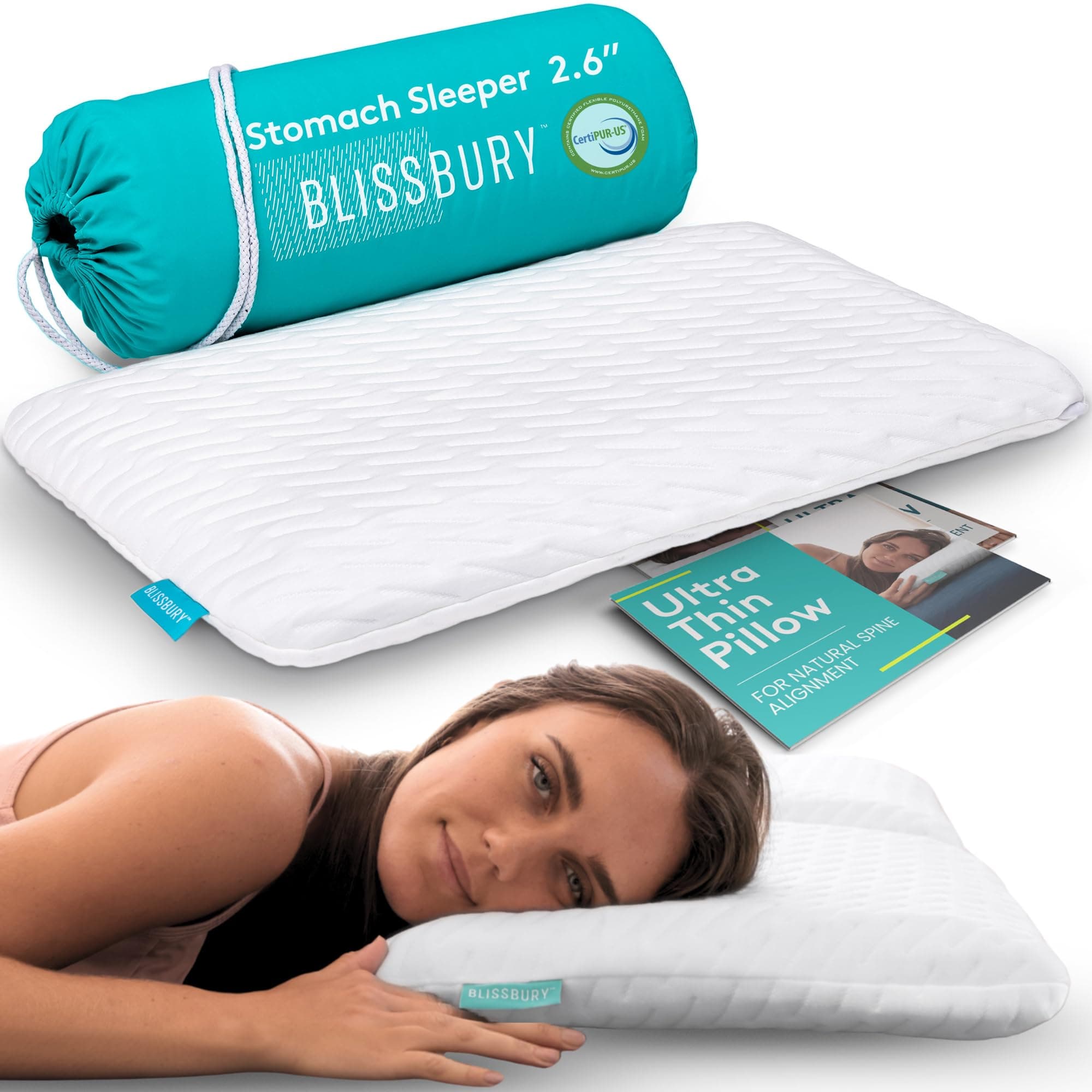 BLISSBURY Thin 2.6" Stomach Sleeping Memory Foam Pillow. Slim, Flat, Cooling Sleep for Belly or Back with Soft Bamboo Washable Cover, Neck and Head Support for Men and Women Bedding Accessories