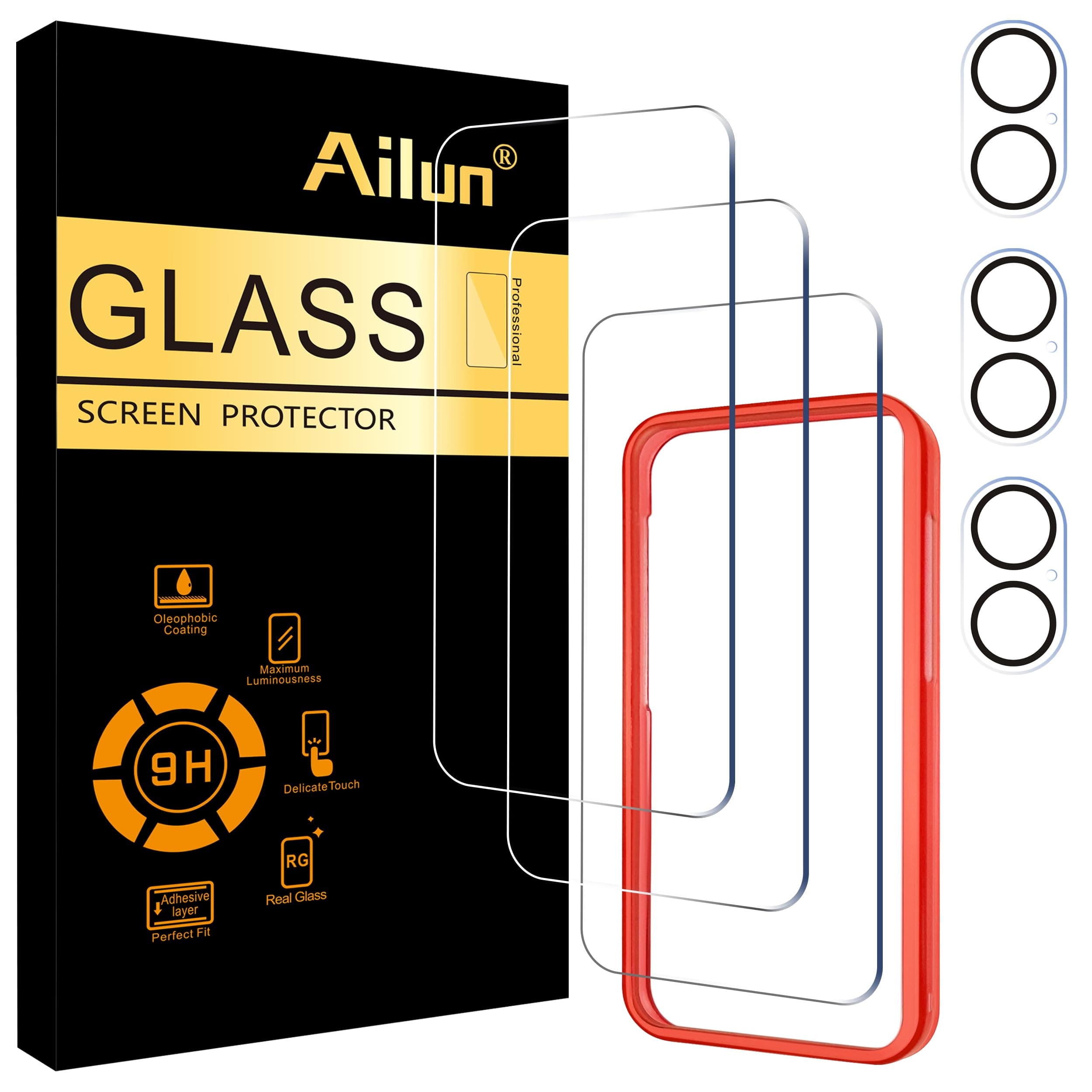 Ailun 3 Pack Screen Protector for iPhone 16 [6.1 inch] + 3 Pack Camera Lens Protector with Installation Frame,Case Friendly Tempered Glass Film,[9H Hardness] - HD [6 Pack]