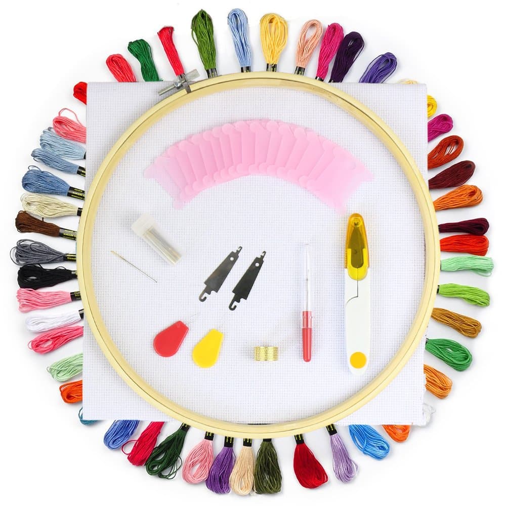 80 pcs Hand Embroidery Kits Cross Stitch Tools Including All Essential Embroidery Supplies-50 Coloured Threads, Bamboo Embroidery Hoop, 14 Count Aida and Other Materials