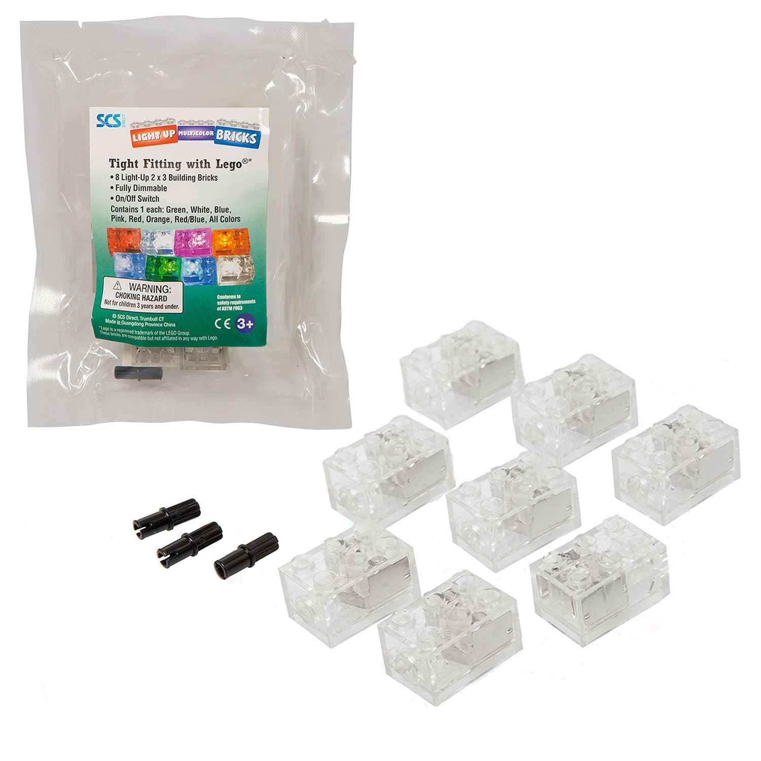 SCS Direct Light Up Building Block Bricks Set of 8 (2"x3") with On/Off and Dim Ability - Multicolor Light for Each Brick, Compatible and tight fit with All Major Brands, School Projects Activity, Gift